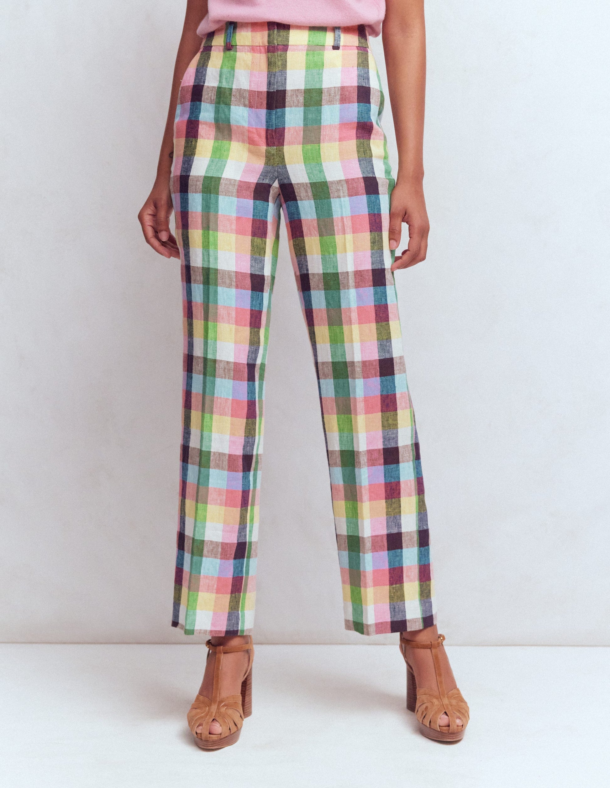 Canonbury 7/8 Linen Pants-Soft Yellow, Pink Multigingham-4