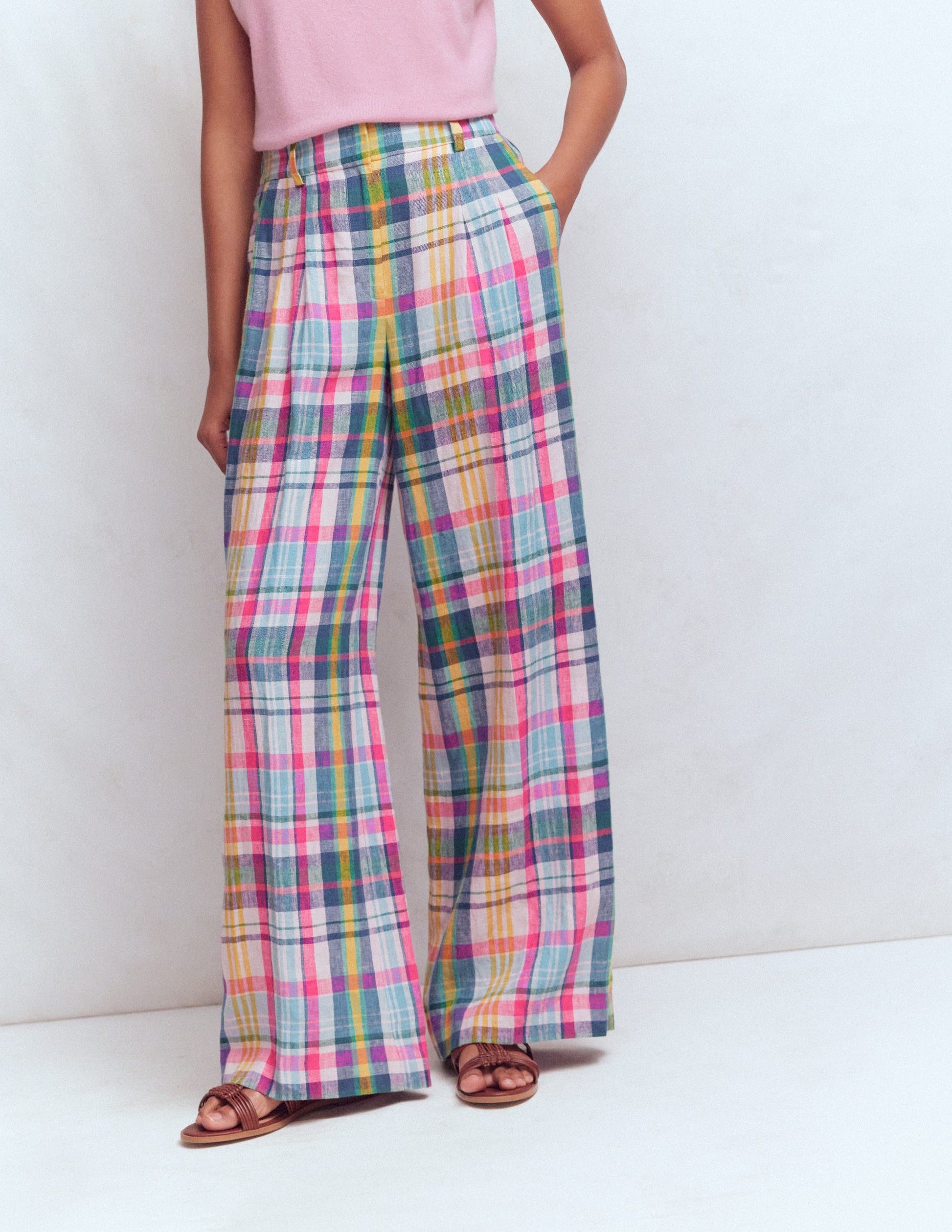 Kensington Linen Pants-Blue, Pink and Green Madras-6