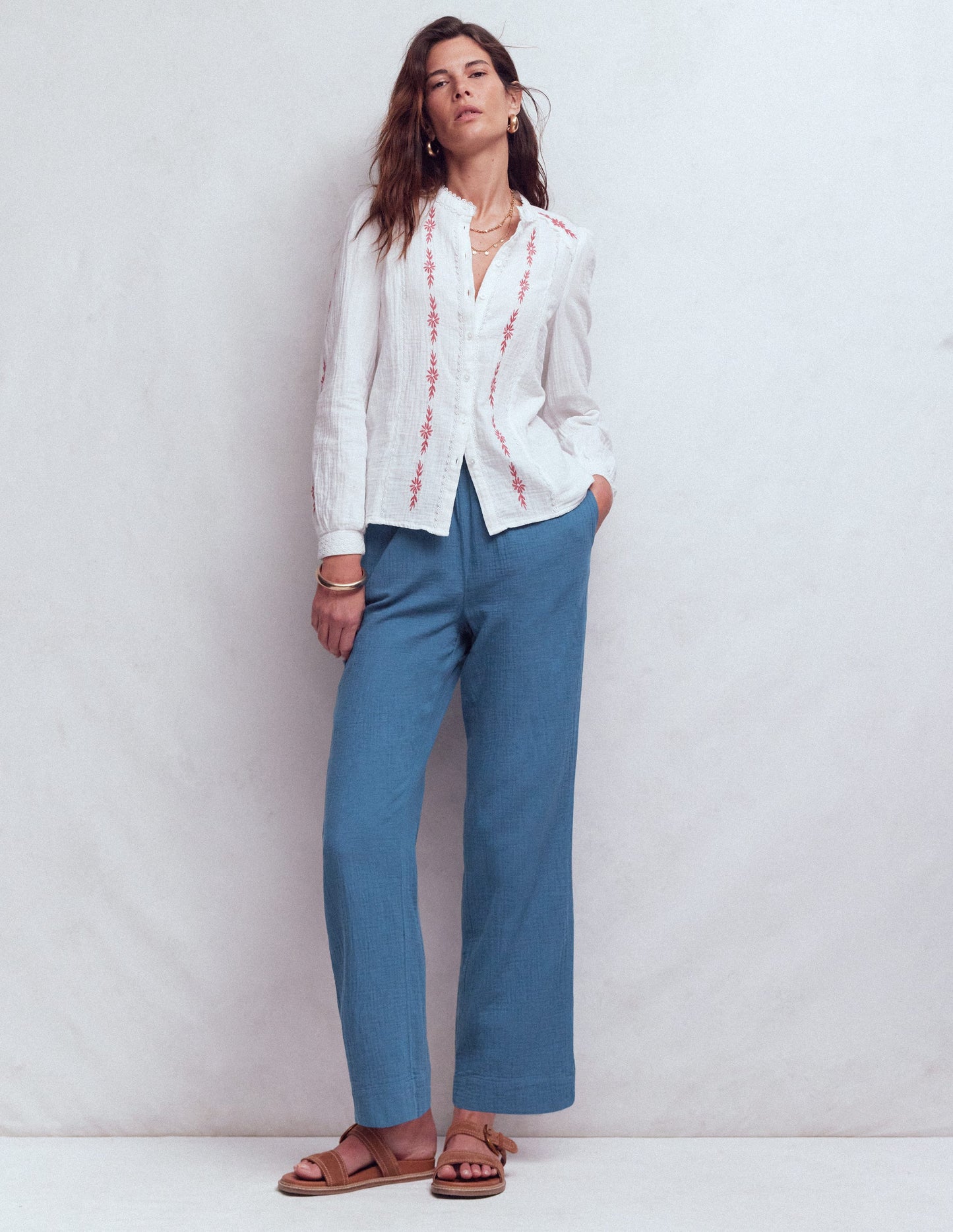 Pull-on Double Cloth Pants-Tourmaline Blue
