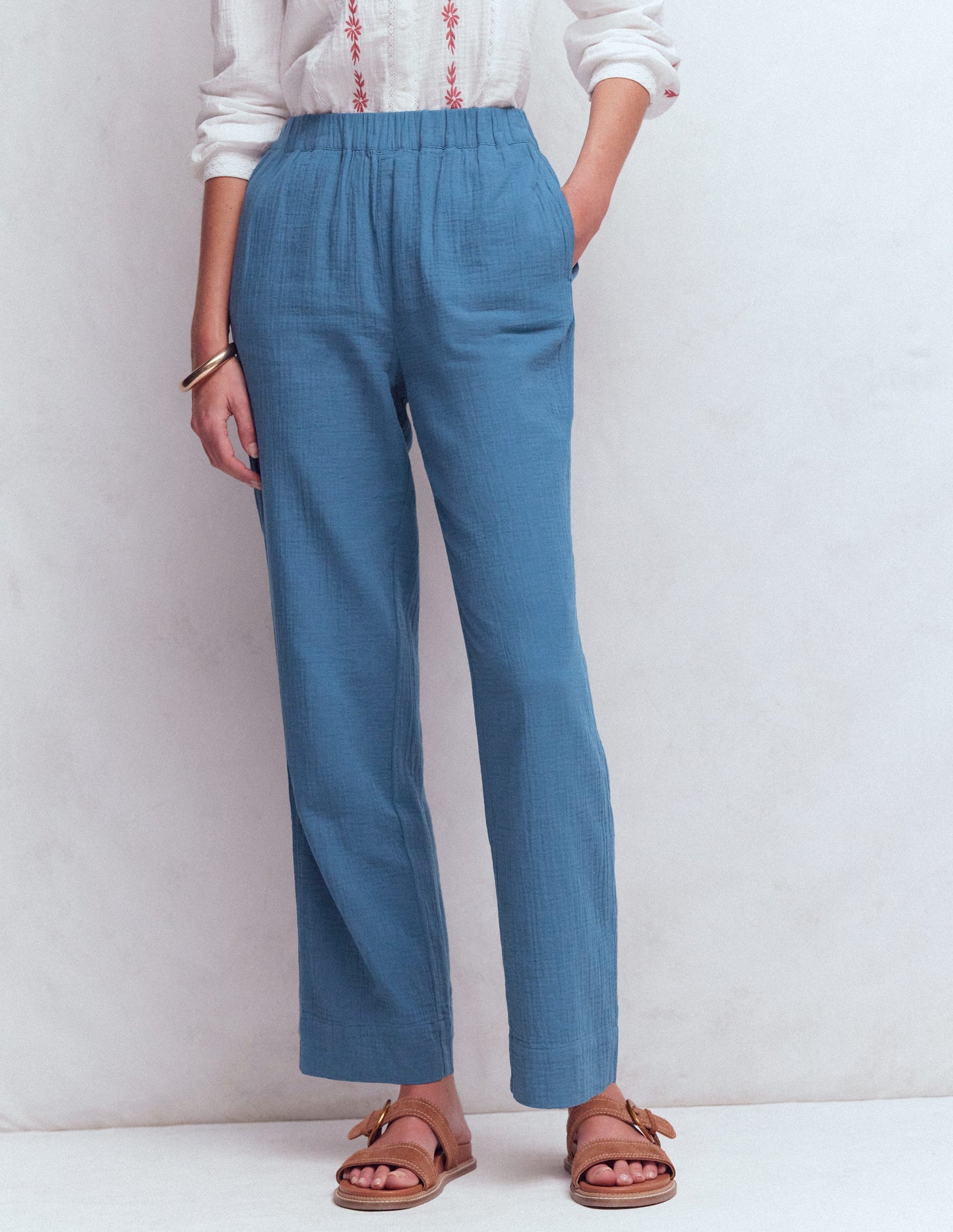 Pull-on Double Cloth Pants-Tourmaline Blue