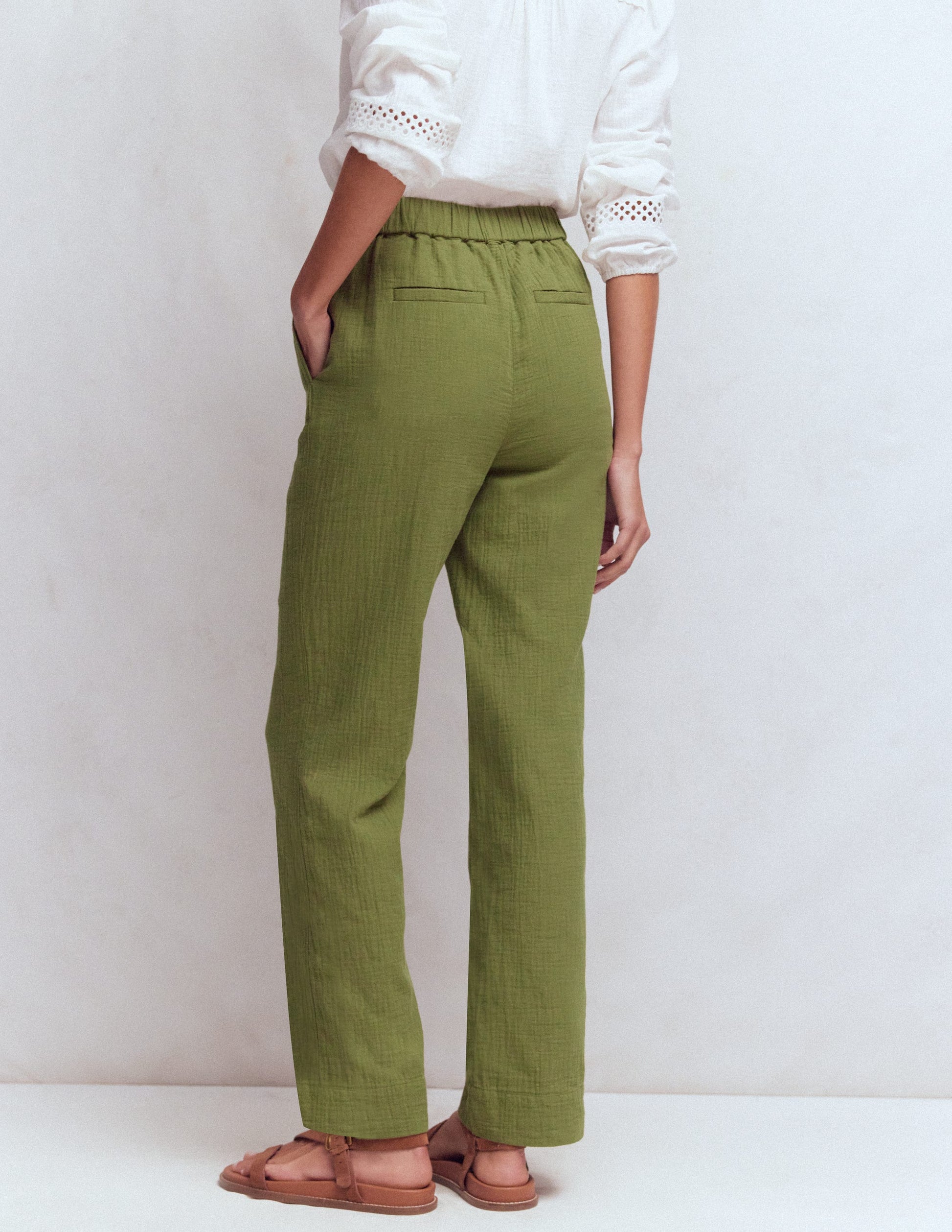 Pull On Double Cloth Pants-Olive Green-3