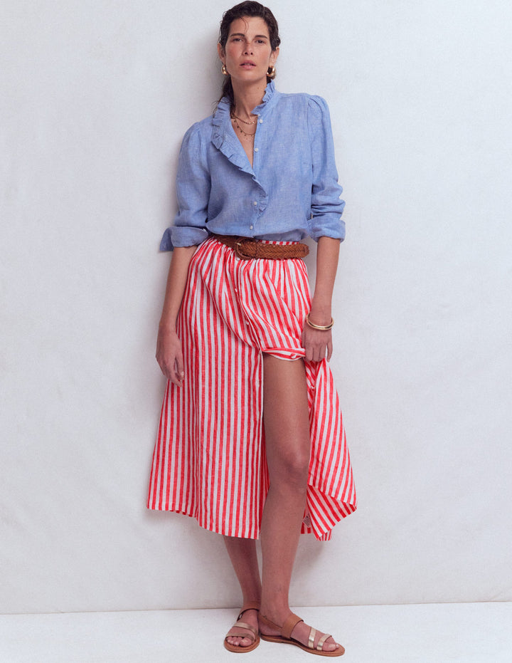 Emma Linen Skirt-Poppy Red and Ivory Stripe