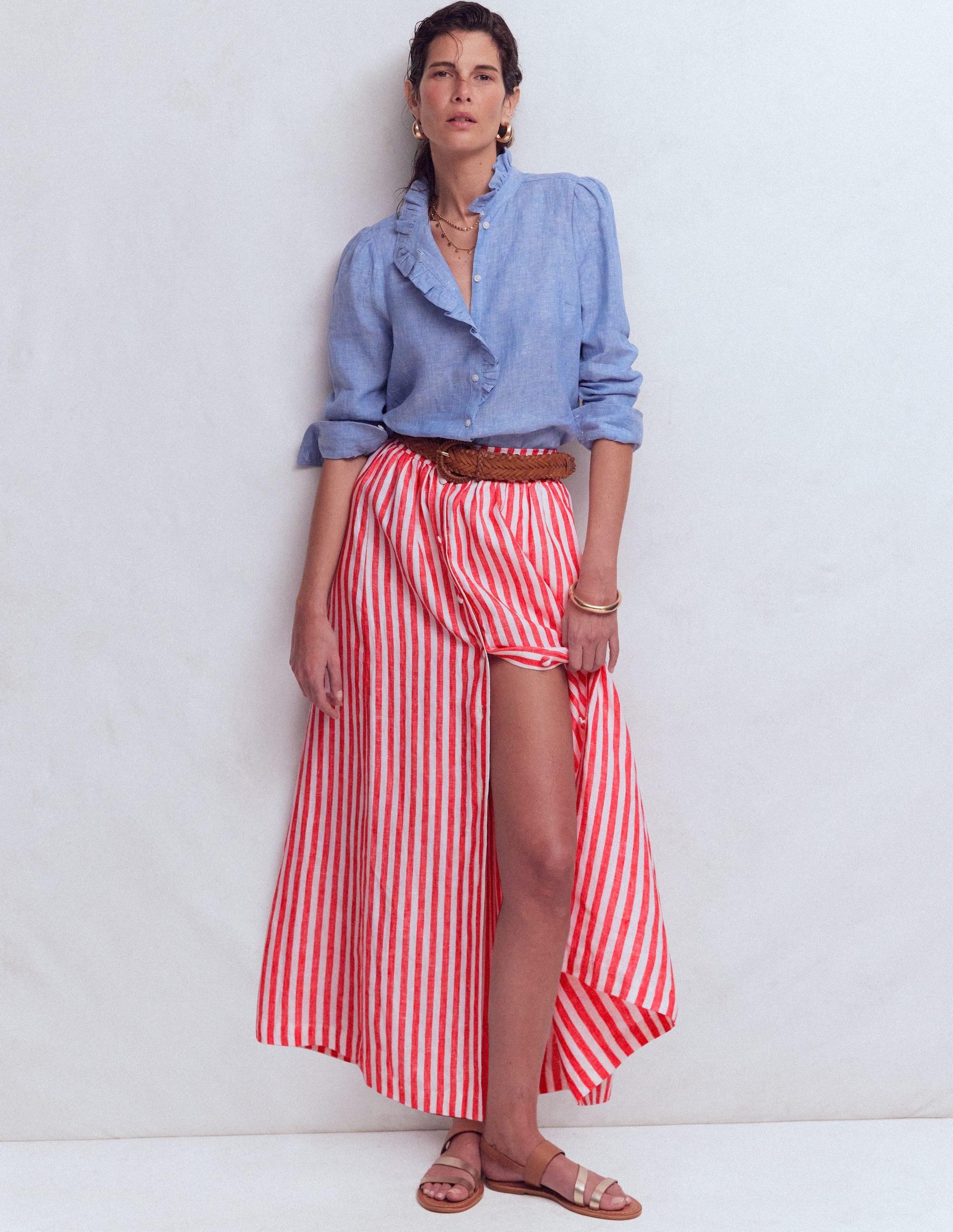 Emma Linen Maxi Skirt-Bright Cherry and Ivory Stripe - Image 1