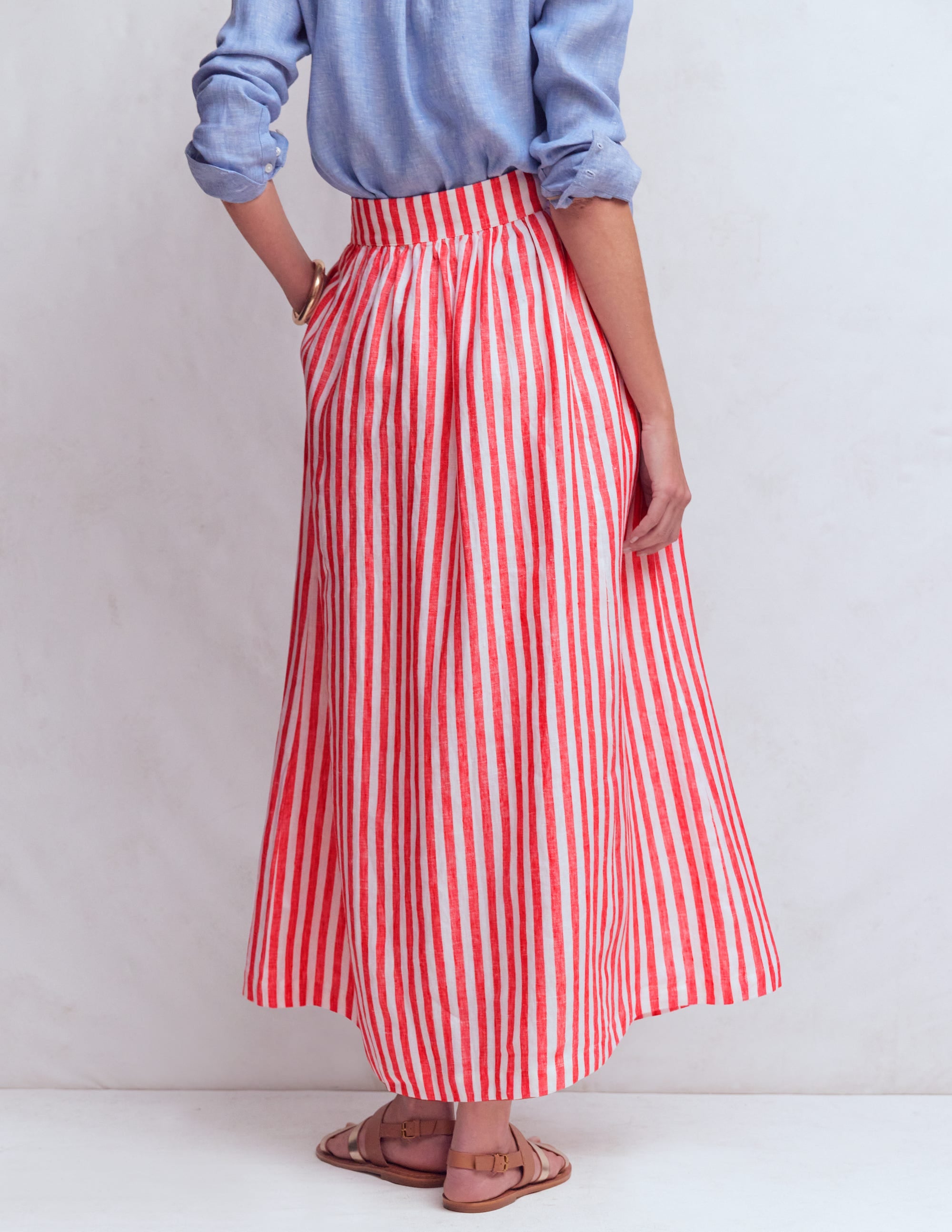 Emma Linen Maxi Skirt-Bright Cherry and Ivory Stripe - Image 3