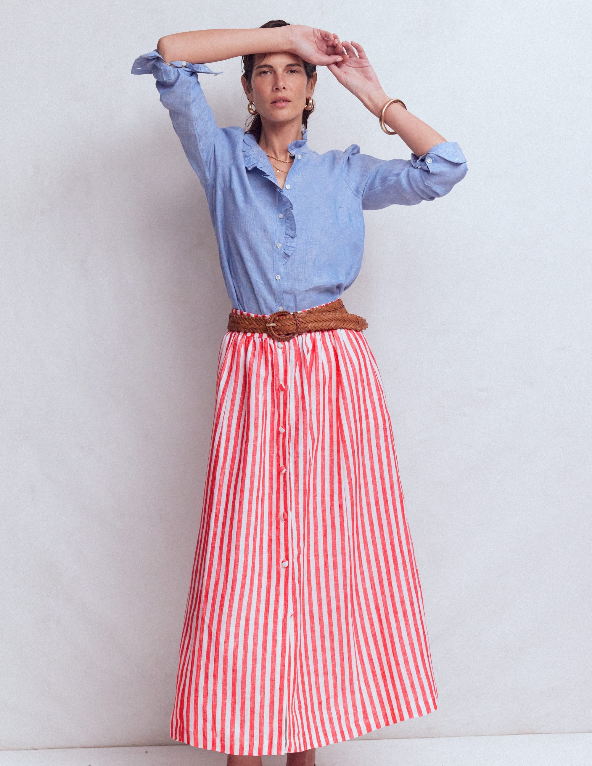 Emma Linen Maxi Skirt-Bright Cherry and Ivory Stripe - Image 4