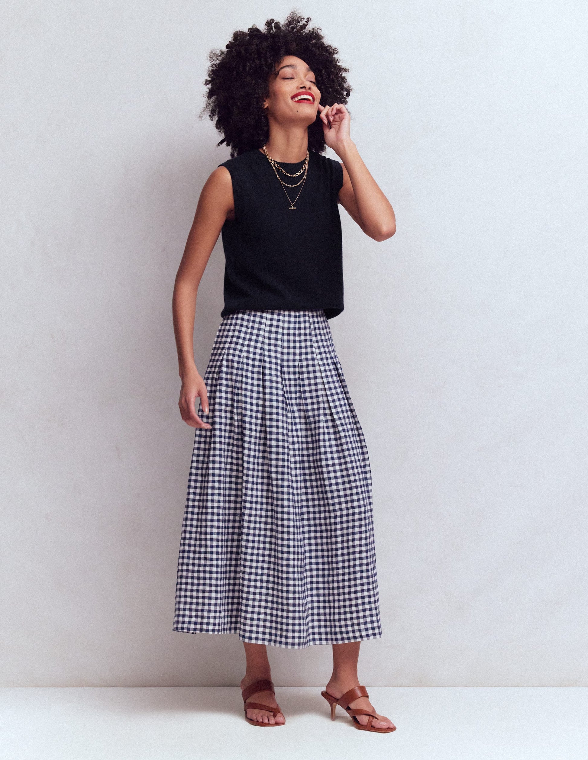 Valentina Linen Skirt-Navy Gingham-1