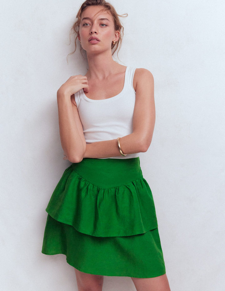 Tiered Linen Skirt-Highland Green