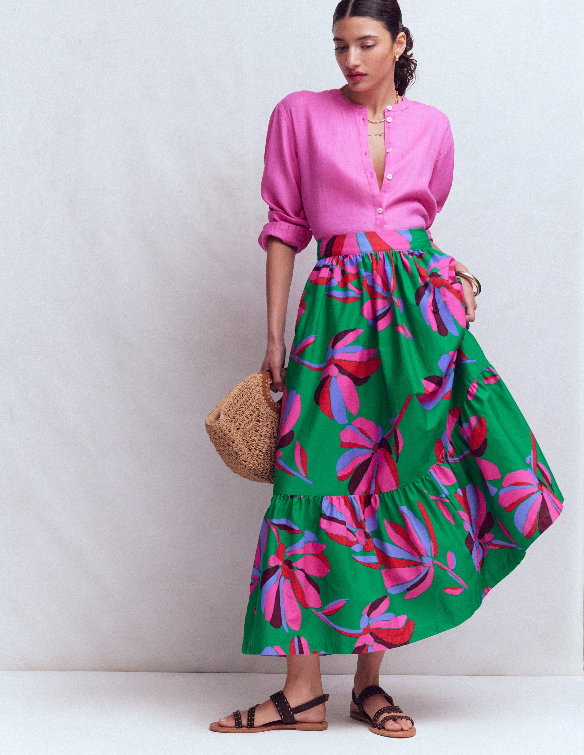 Abigail Poplin Maxi Skirt-Green, Daisy Cascade | Boden USA