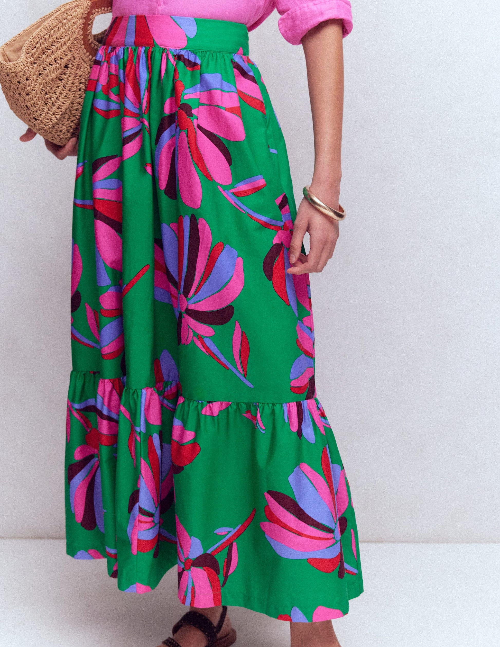 Abigail Poplin Maxi Skirt-Green, Daisy Cascade