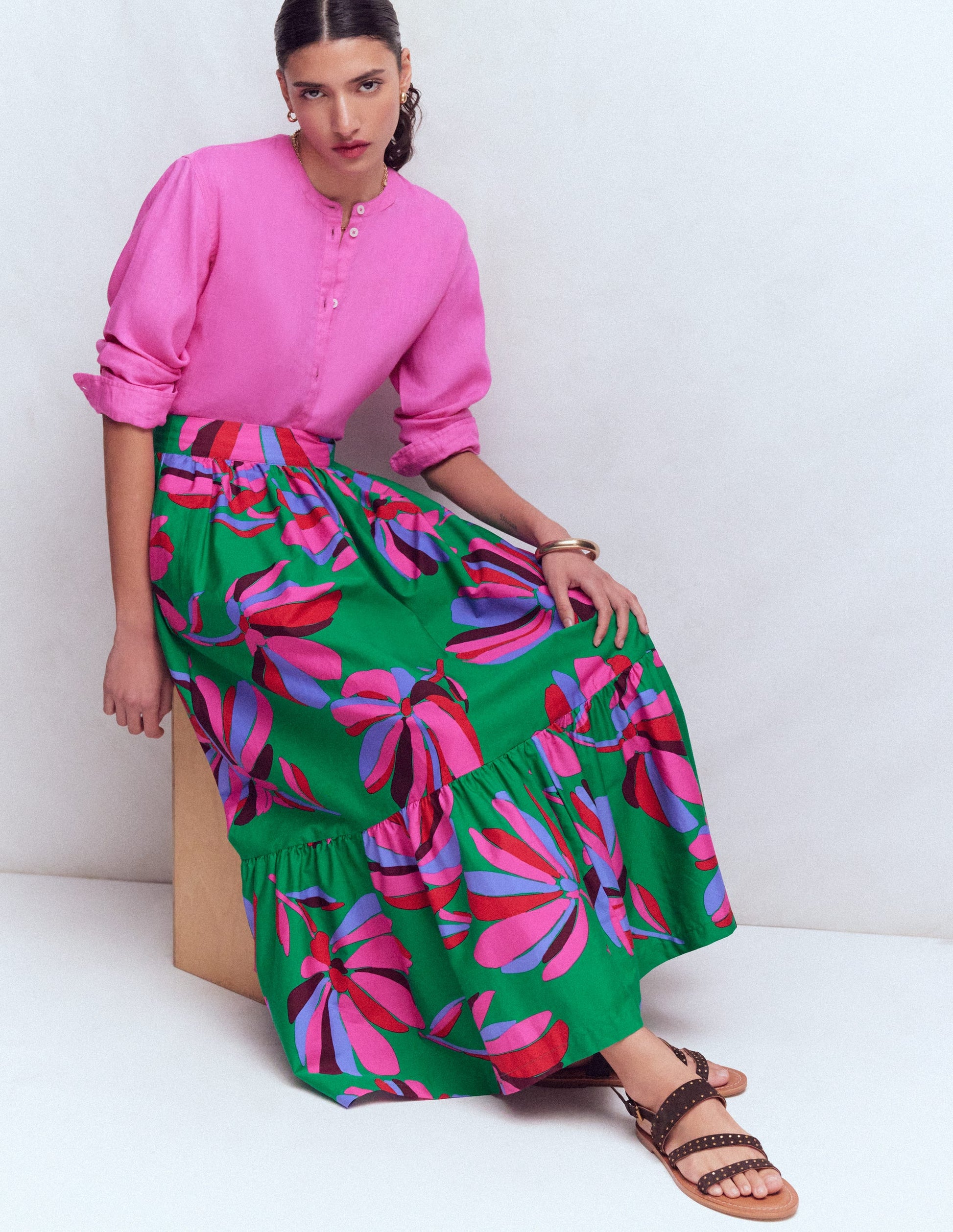 Abigail Poplin Maxi Skirt-Green, Daisy Cascade-5