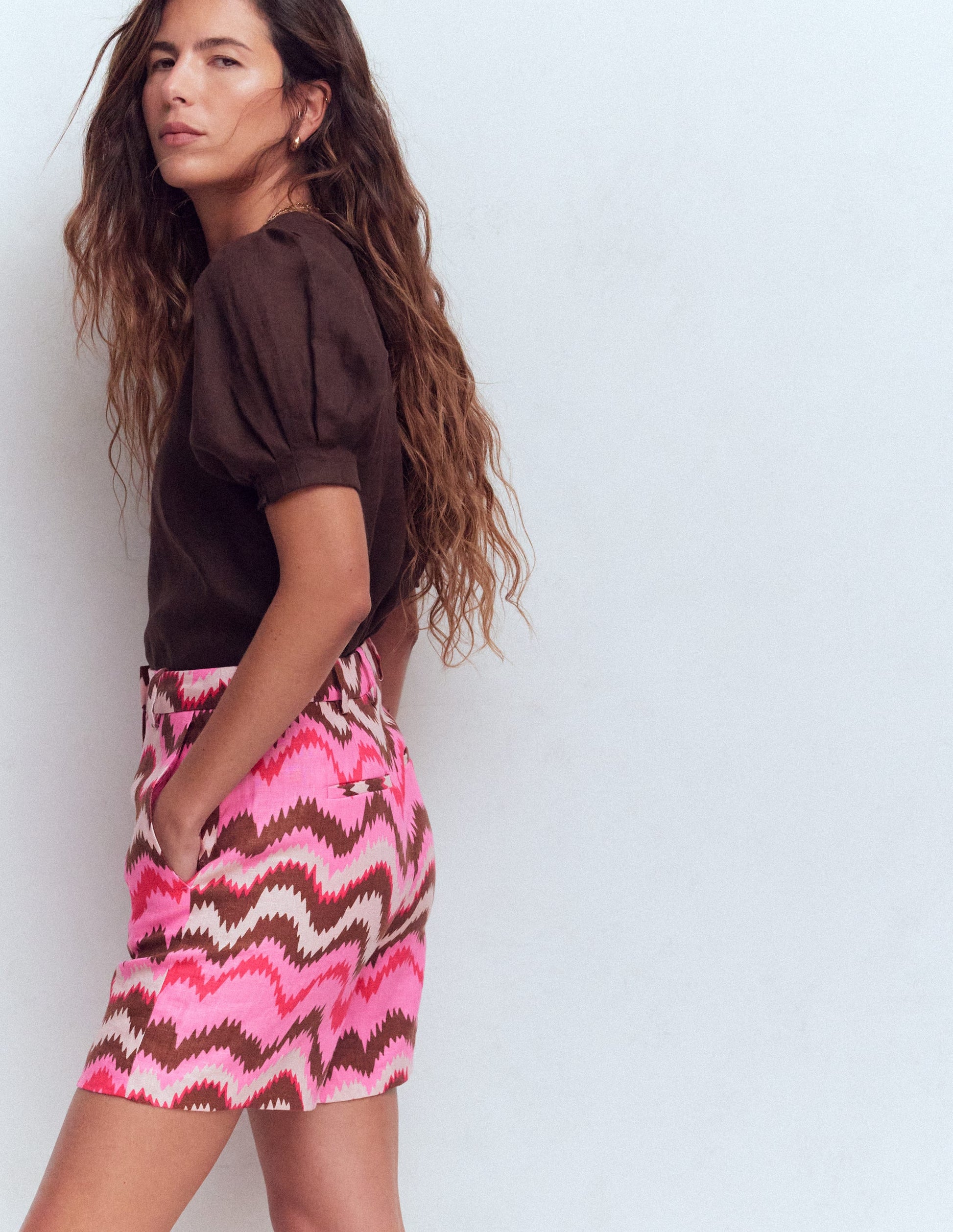 Belgravia Linen Shorts-Pink, Zig Zag Wave-6
