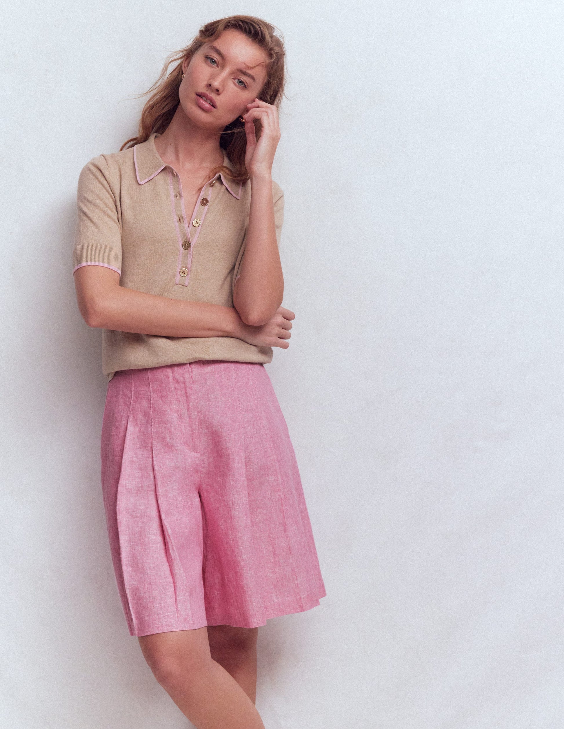 Highbury Pleated Linen Shorts-Meadowsweet Pink Chambray-1