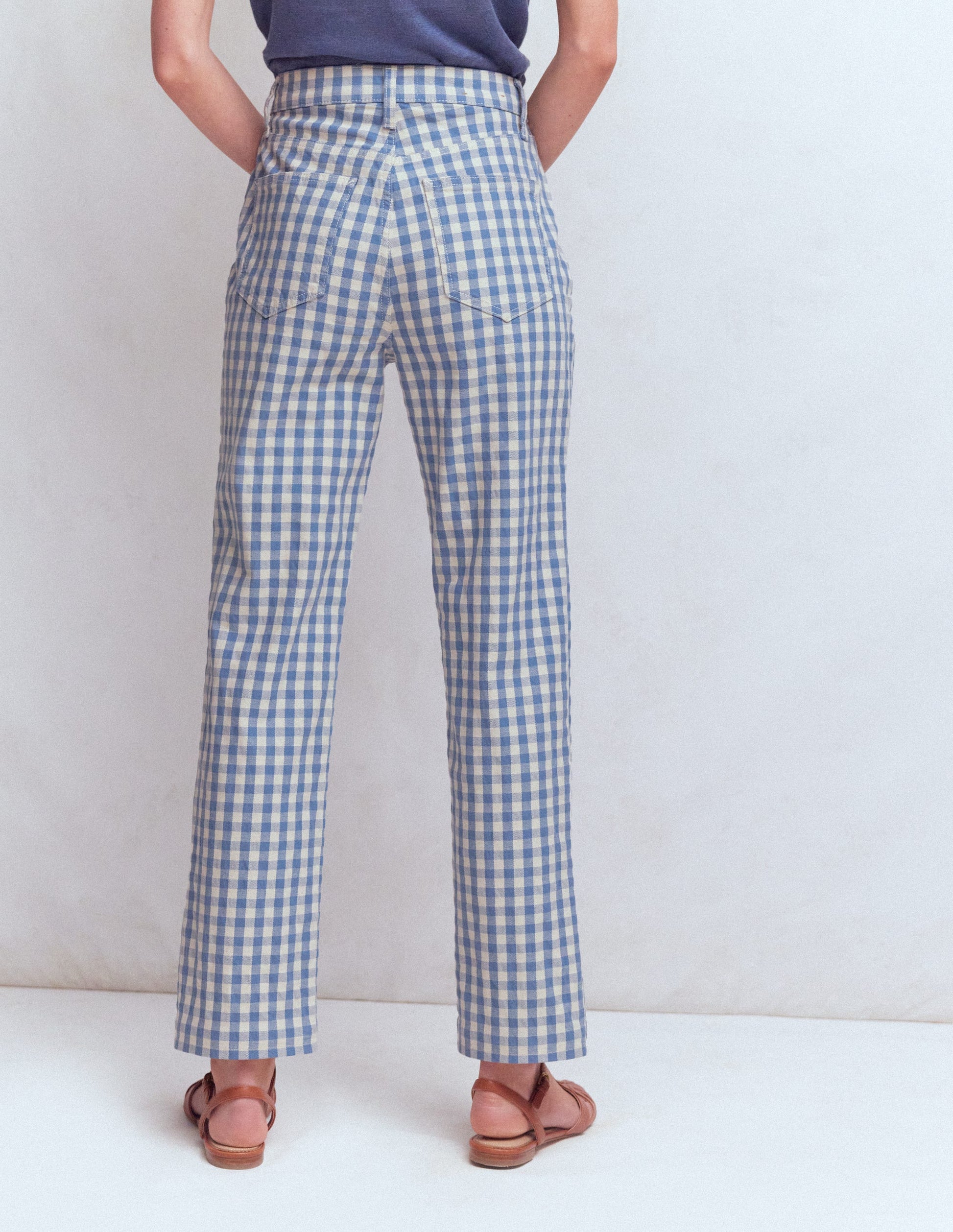 High Rise Straight Jeans-Blue Gingham-3