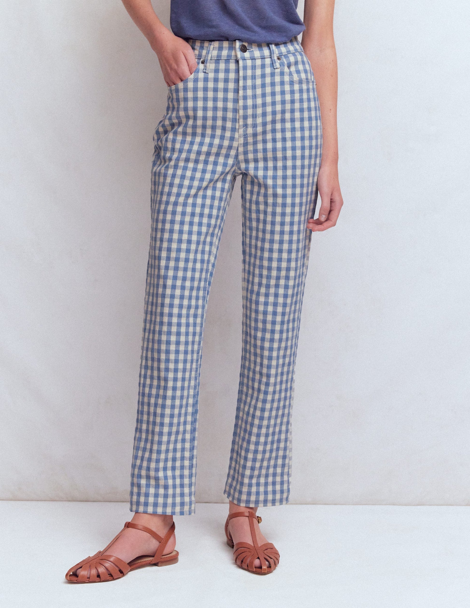 High Rise Straight Jeans-Blue Gingham-4