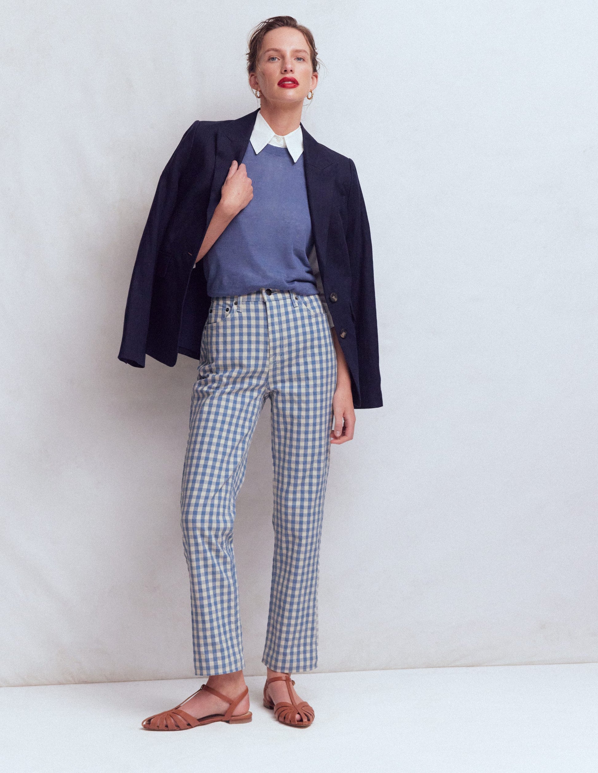 High Rise Straight Jeans-Blue Gingham-5