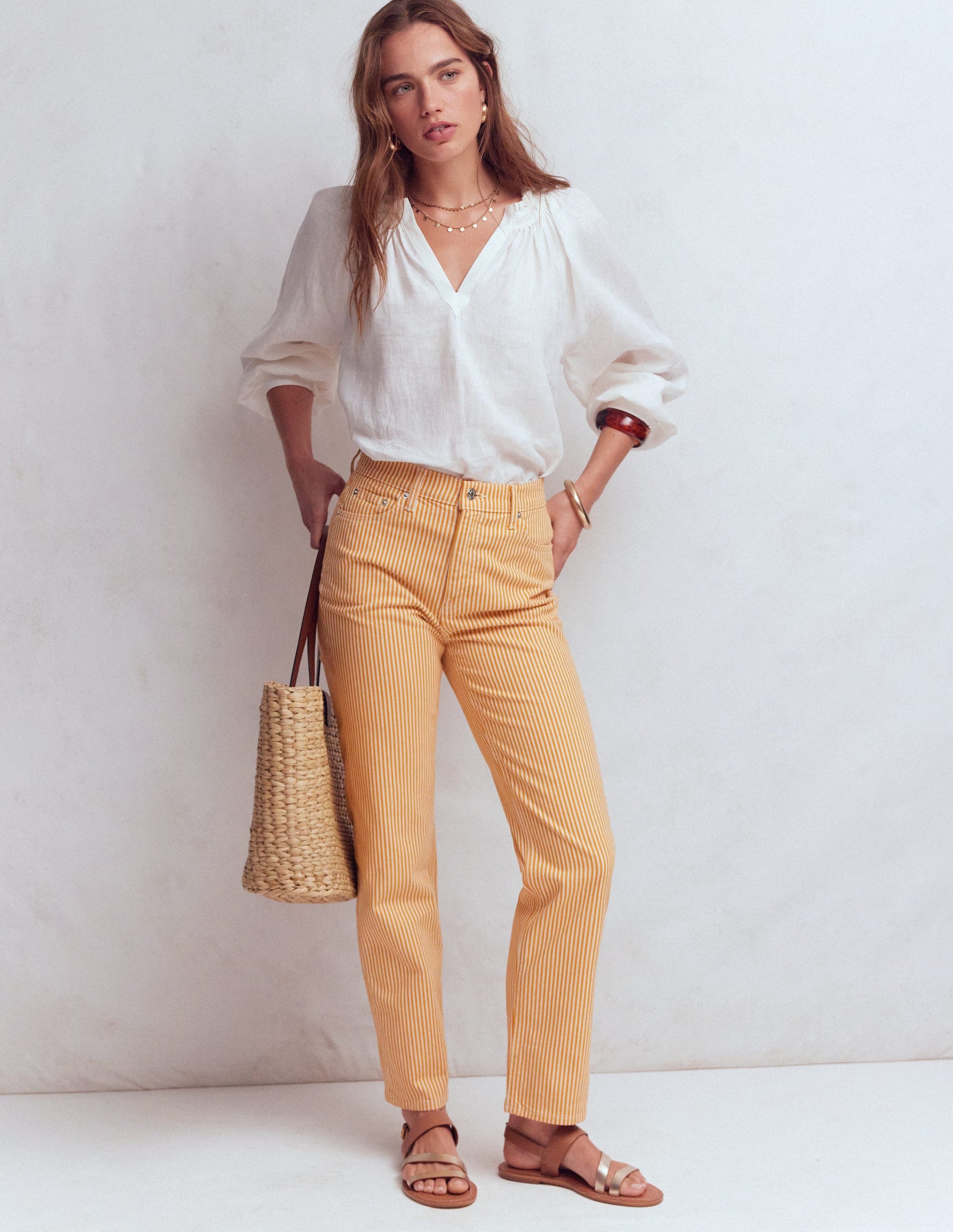 High Rise Straight Jeans-Yellow Stripe-1