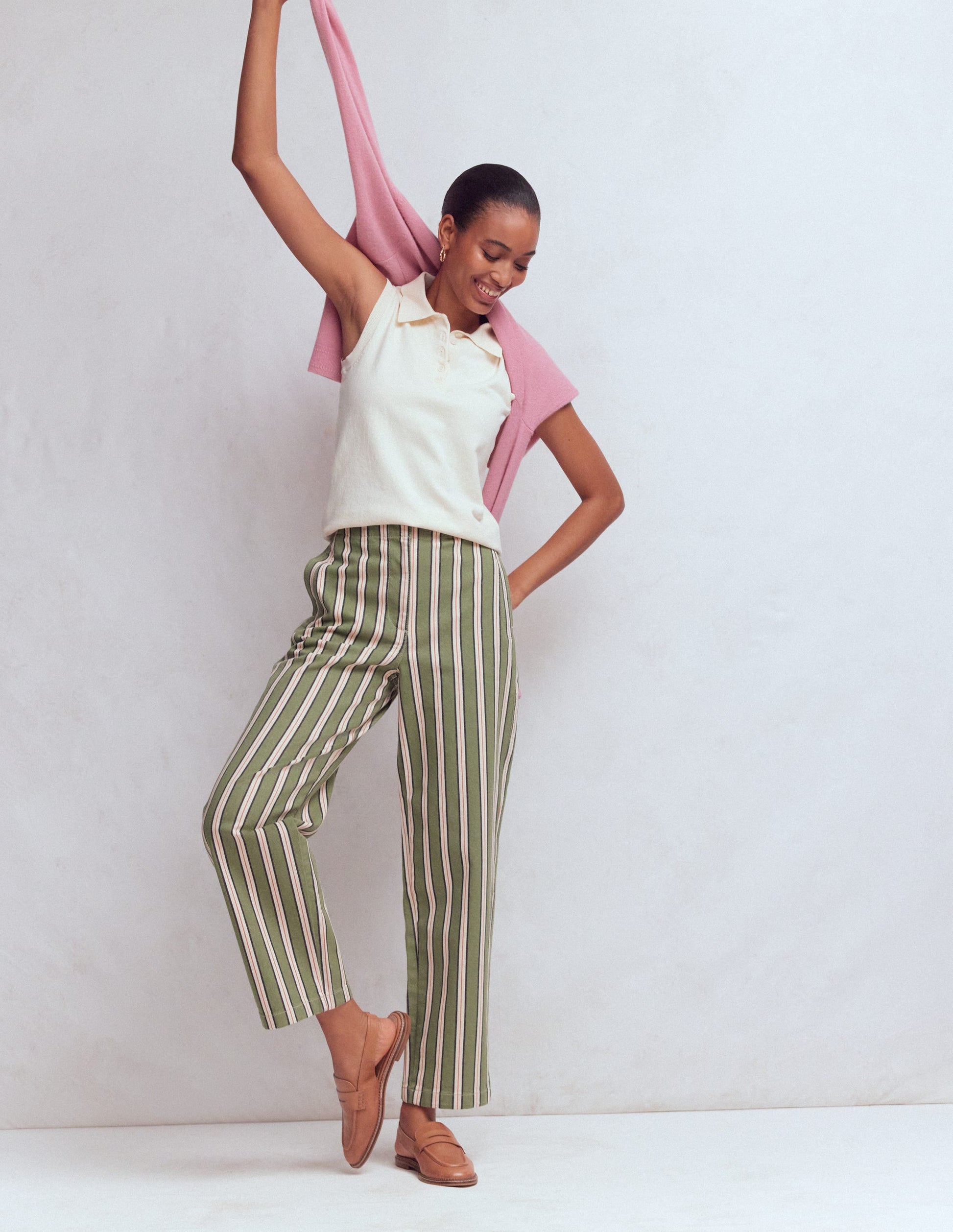 Barrel Leg Chino Trousers-Green, Navy, Pink Stripe-1