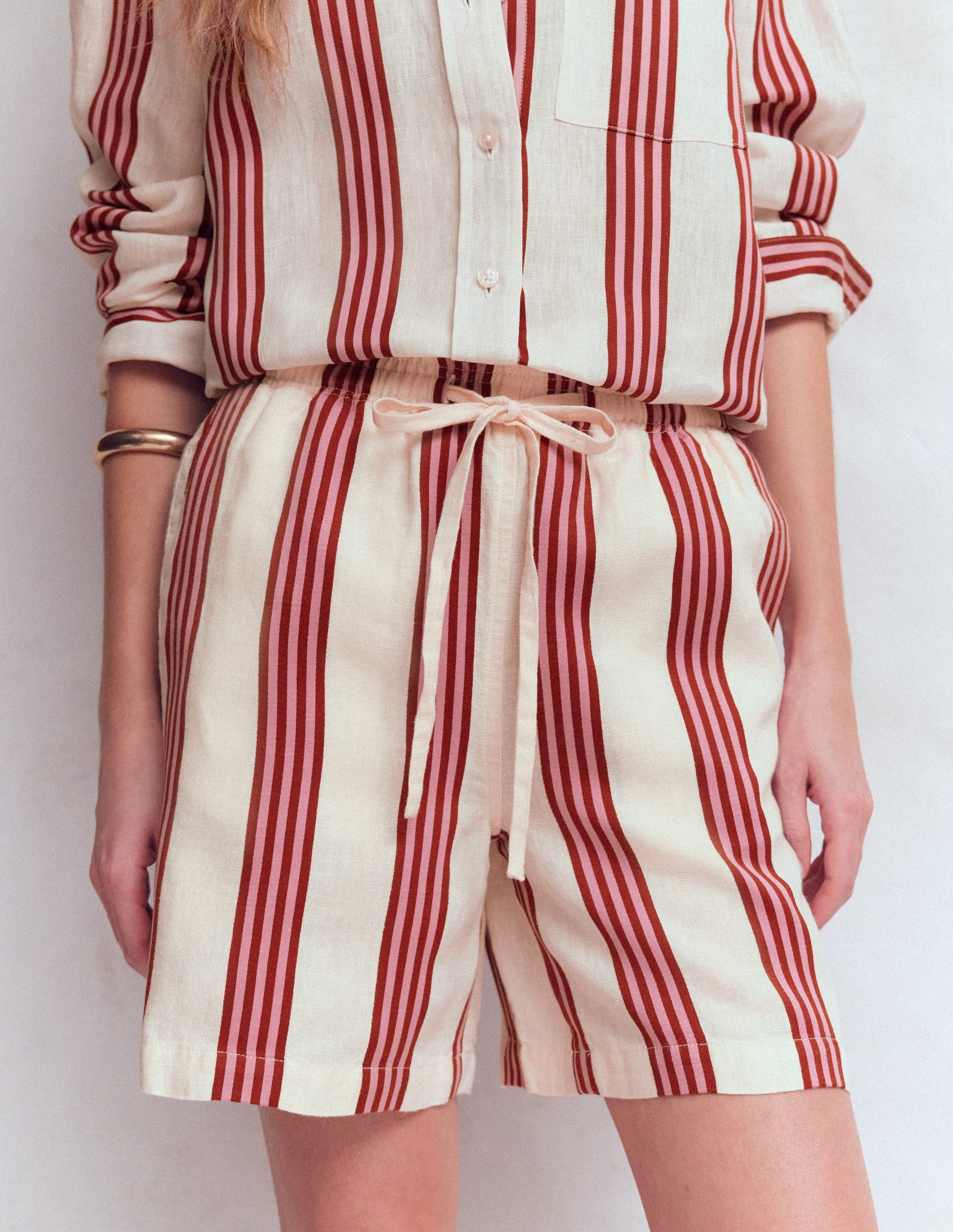 Islington Linen Shorts-Ivory, Brown, Pink Stripe-2