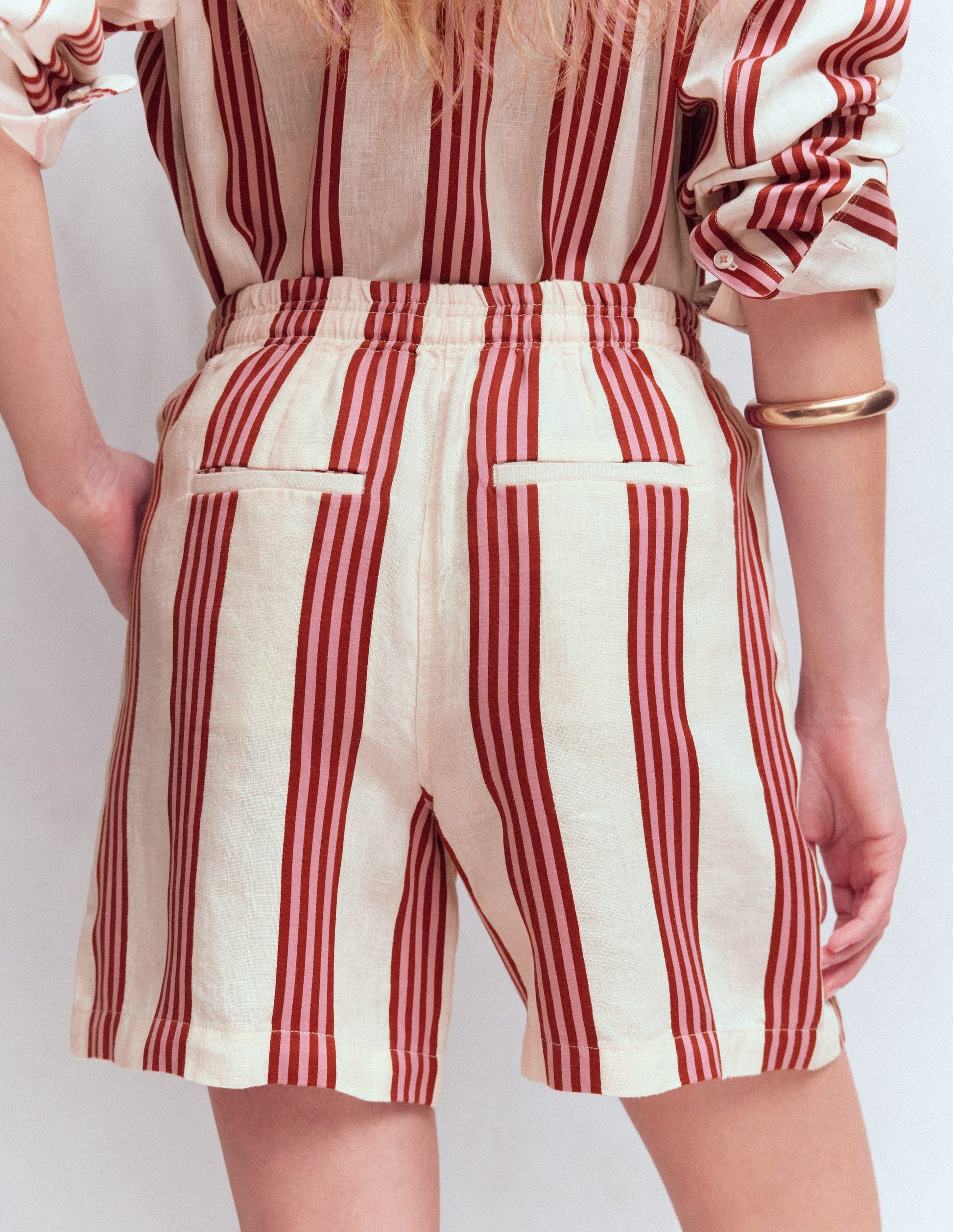 Islington Linen Shorts-Ivory, Brown, Pink Stripe-3