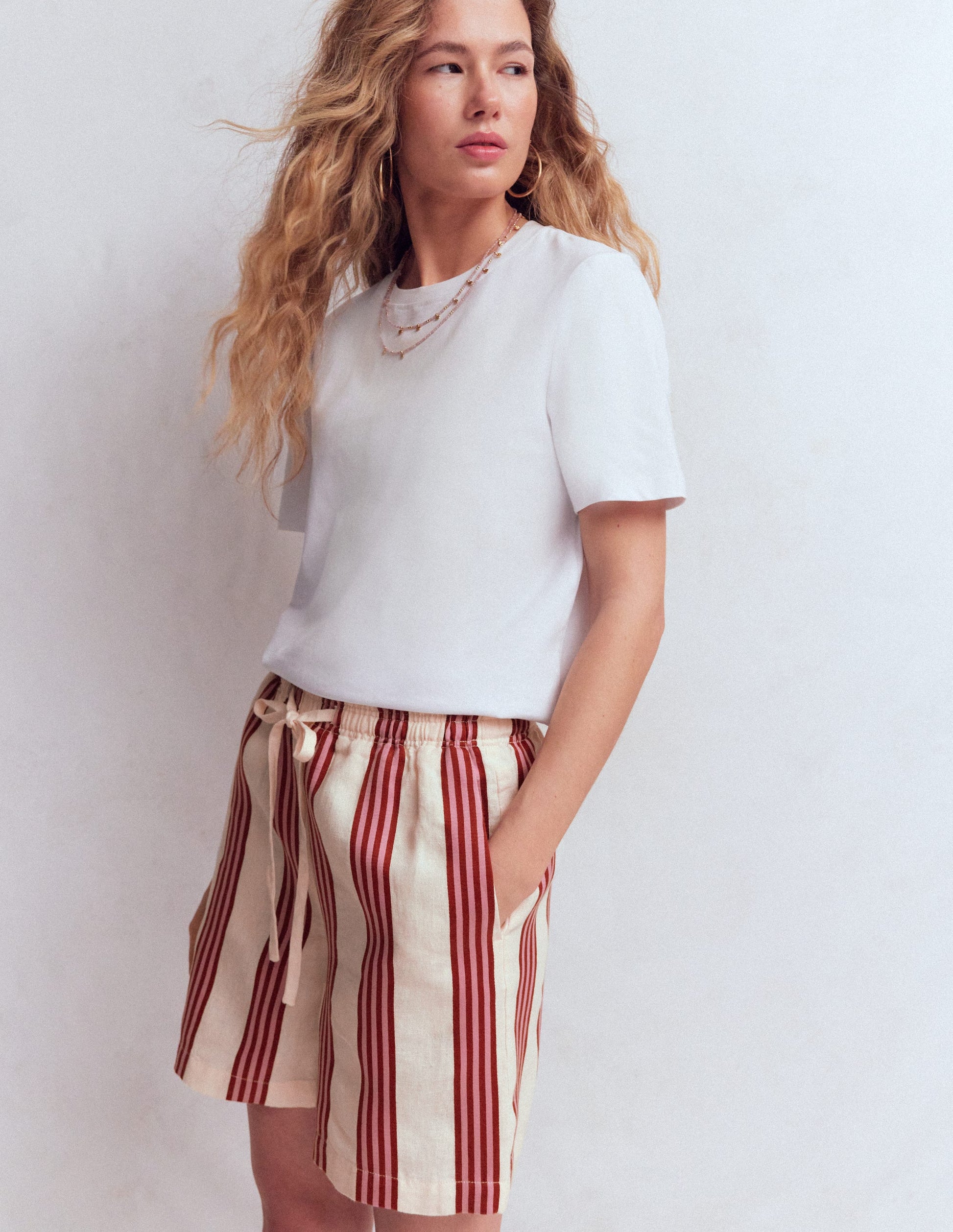 Islington Linen Shorts-Ivory, Brown, Pink Stripe-4