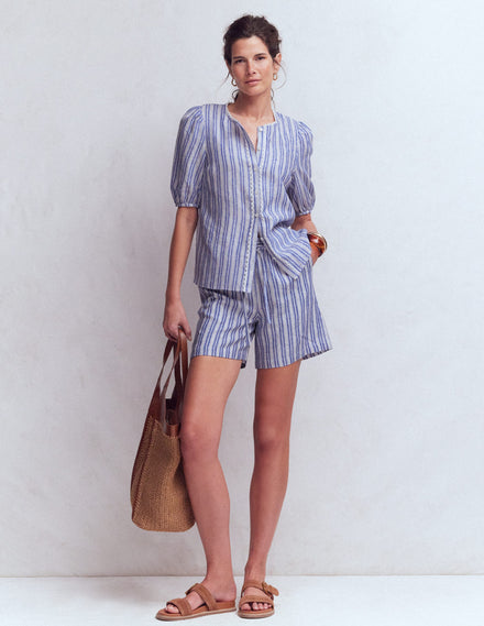Islington Linen Shorts-Bright blue Stripe