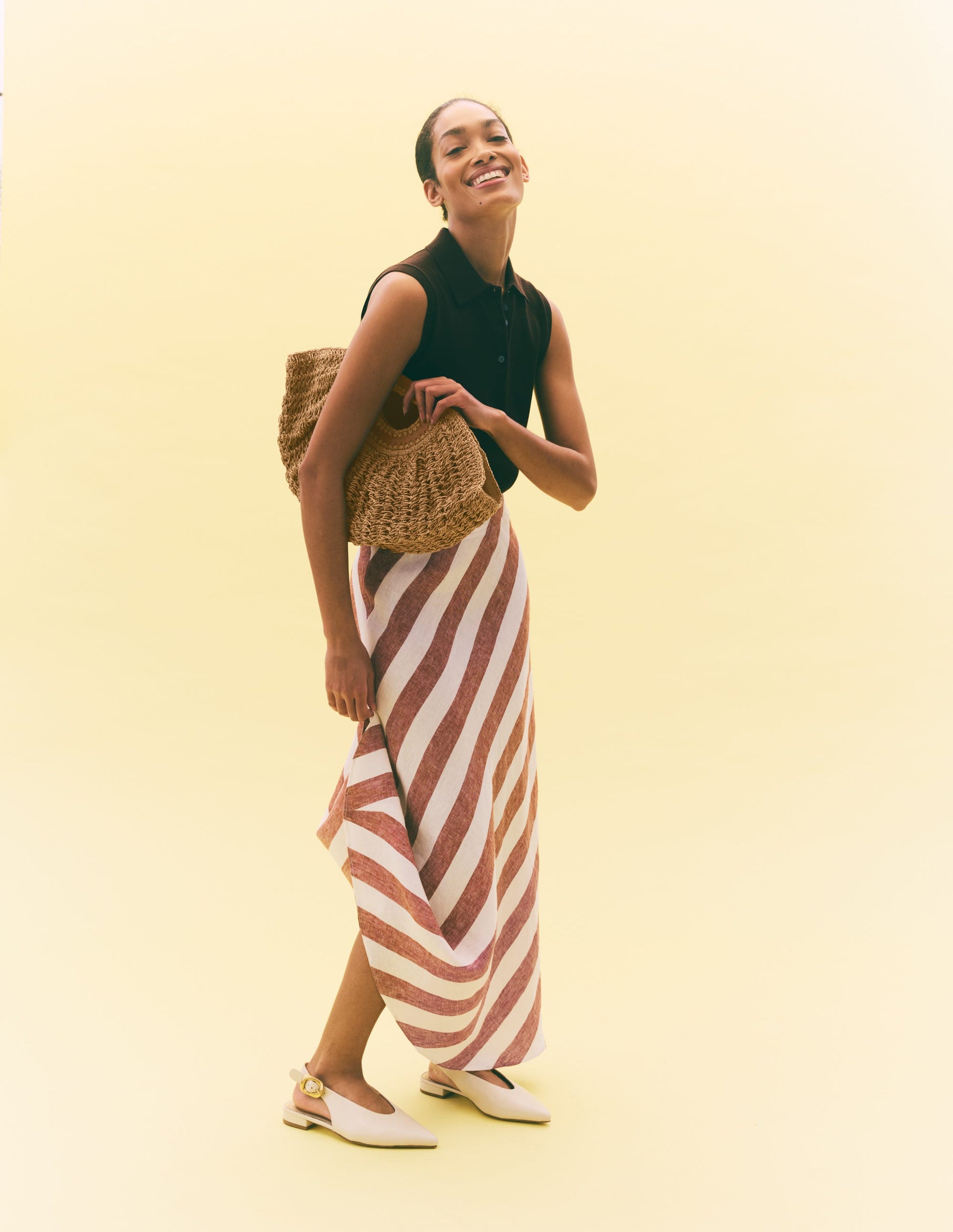 Bias Cut Linen Slip Skirt-Brown Diagonal Stripe-6