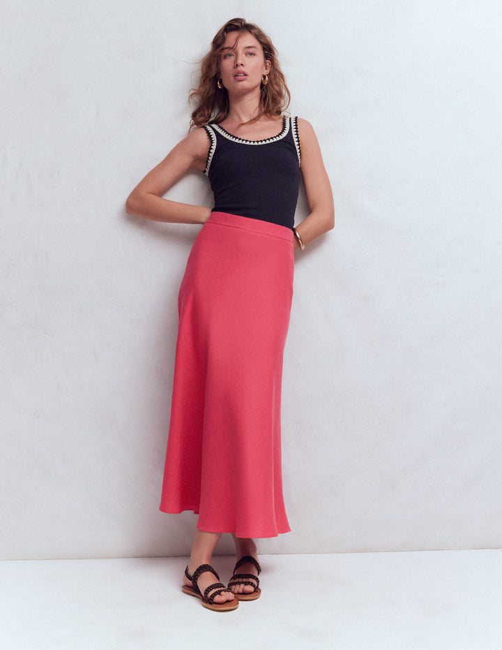 Bias Cut Linen Slip Skirt-Cherry Blush