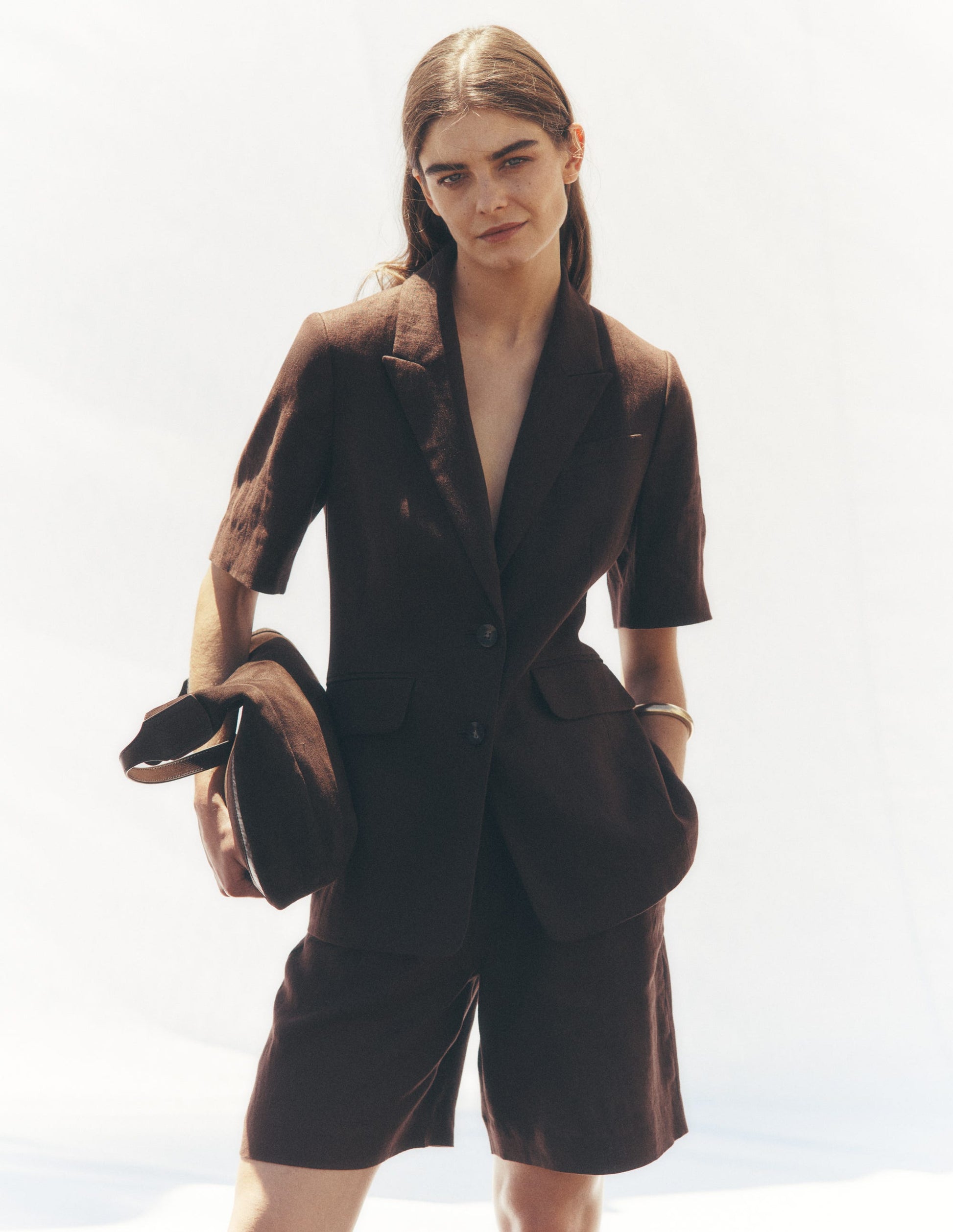 Chelsea Belted Linen Shorts-Bitter Chocolate-1