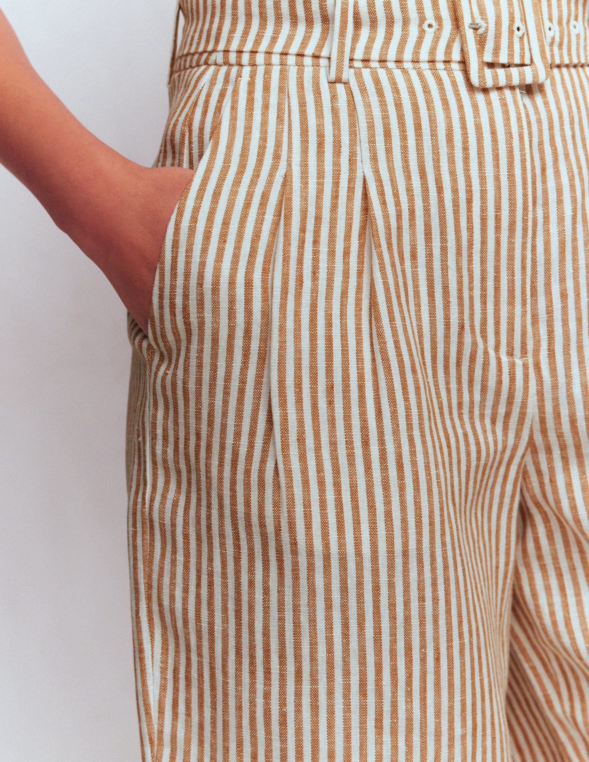 Chelsea Belted Linen Shorts-Brown, Ivory Ticking Stripe-3