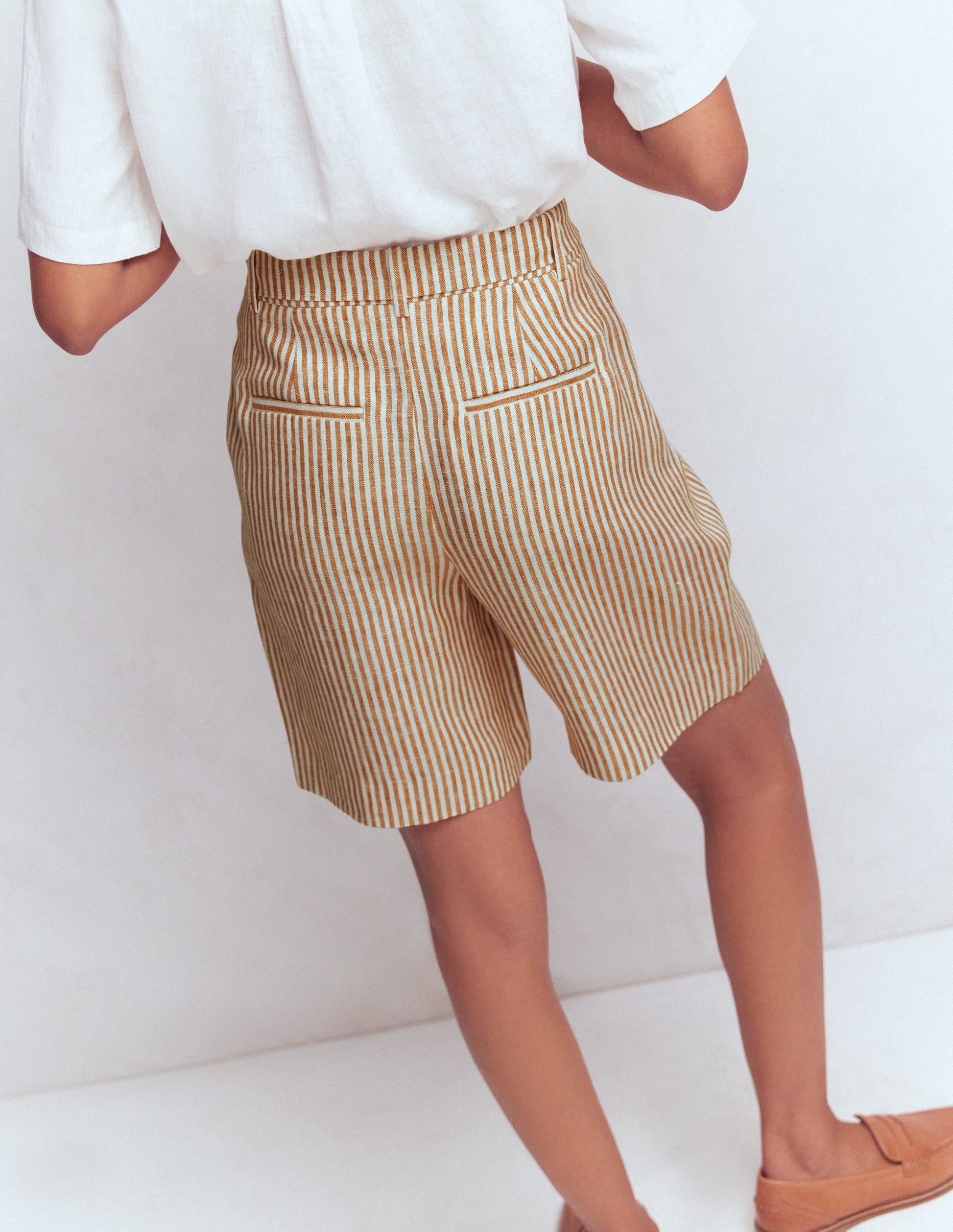Chelsea Belted Linen Shorts-Brown, Ivory Ticking Stripe-4
