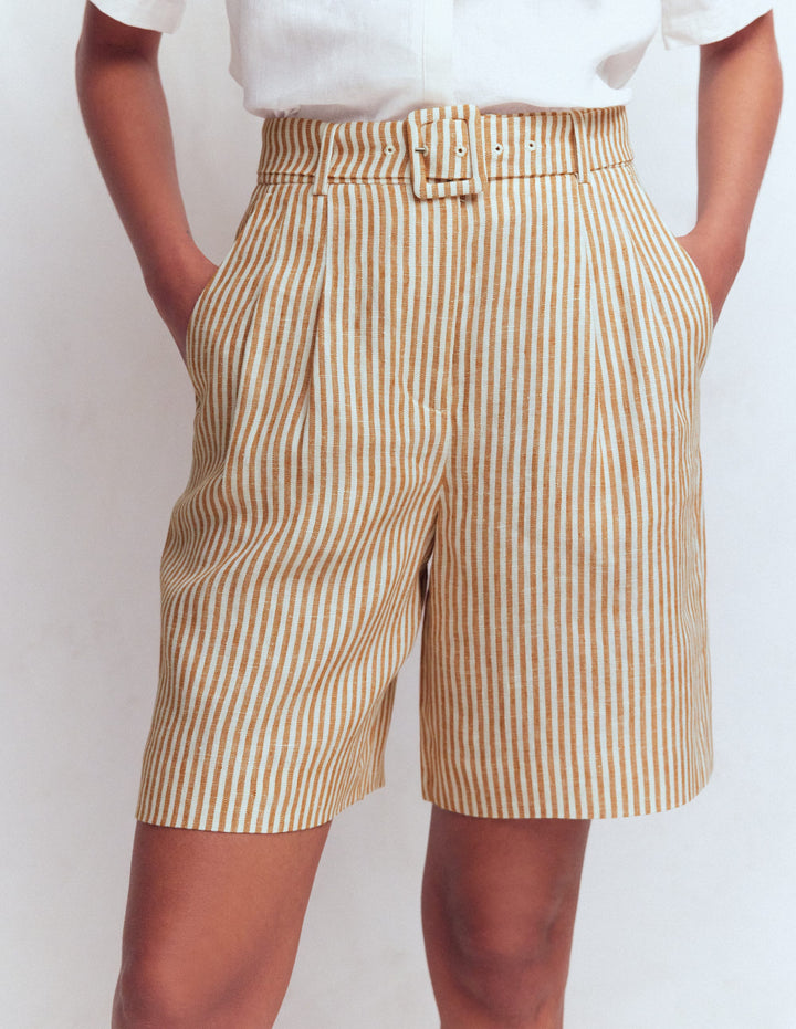 Chelsea Belted Linen Shorts-Brown, Ivory Ticking Stripe