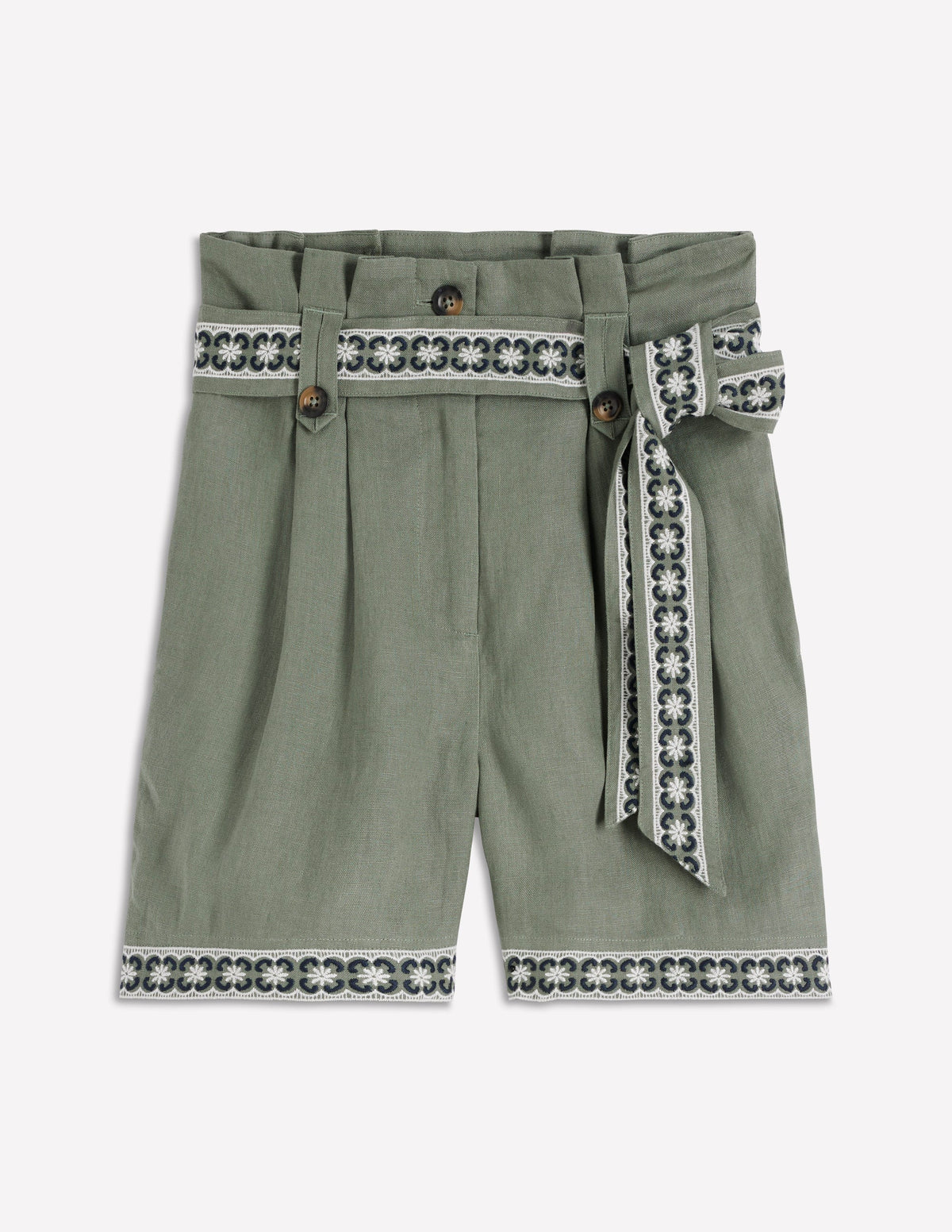 Paperbag Linen Belted Shorts-Green Grey Embroidery - Image 6