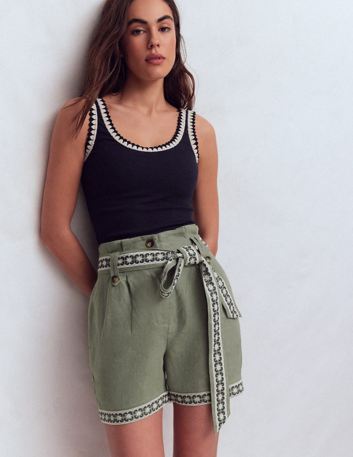 Paperbag Linen Belted Shorts-Green Grey Embroidery