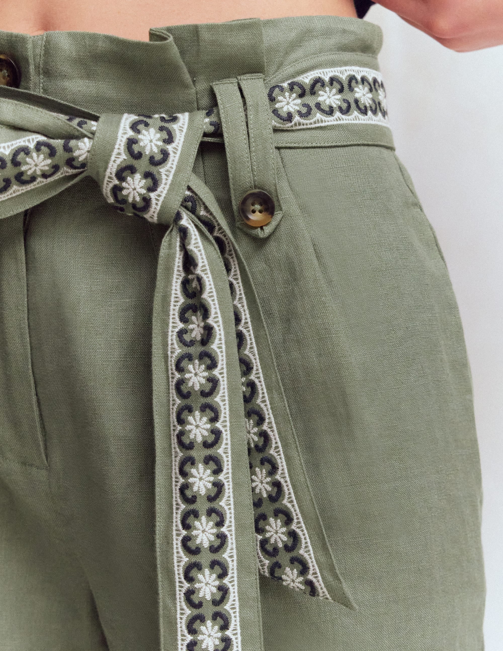 Paperbag Linen Belted Shorts-Green Grey Embroidery - Image 2