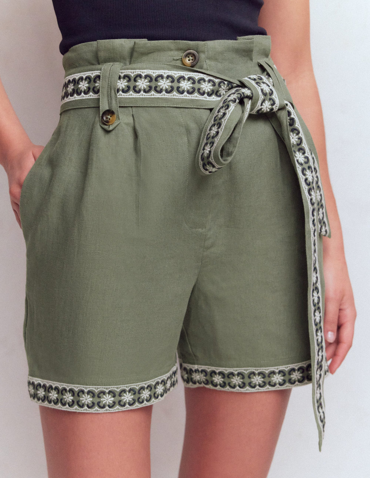 Paperbag Linen Belted Shorts-Green Grey Embroidery - Image 4