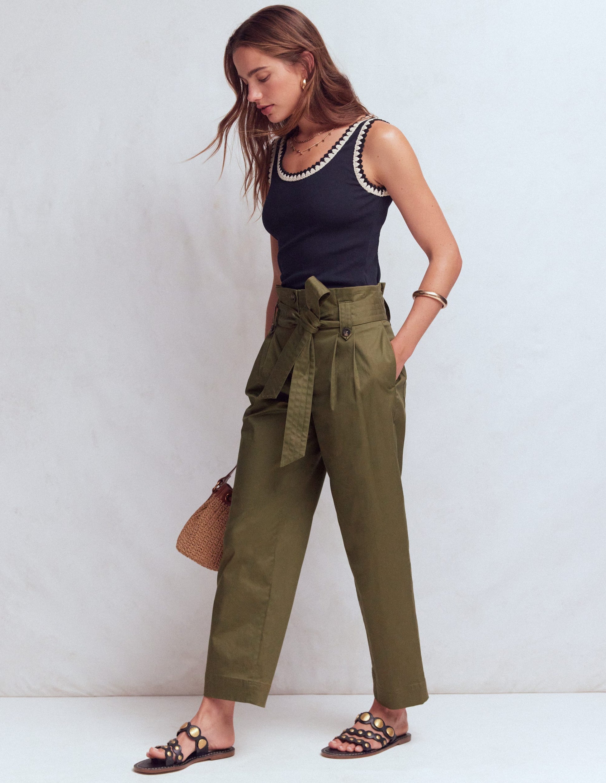 Paperbag Waist Trousers-Woodland Green-1