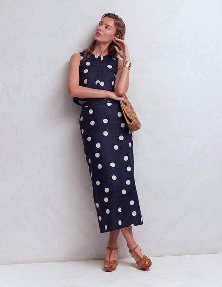 Longline Column Skirt-French Navy, Ivory Spot