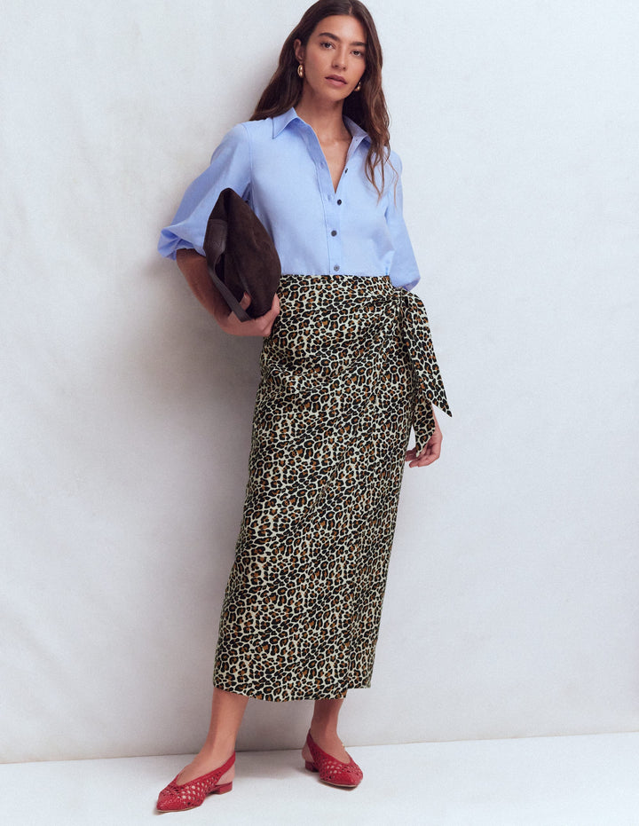 Dimitra Linen Column Skirt-Almond Milk, Cheetah Pop
