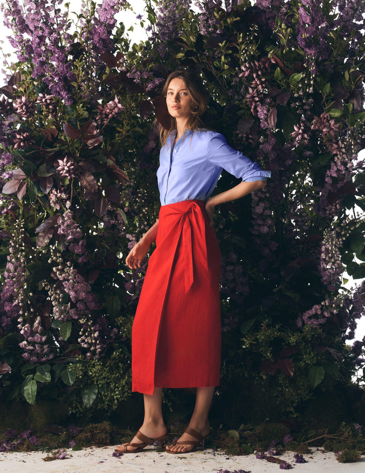 Dimitra Linen Column Skirt-Red Coral