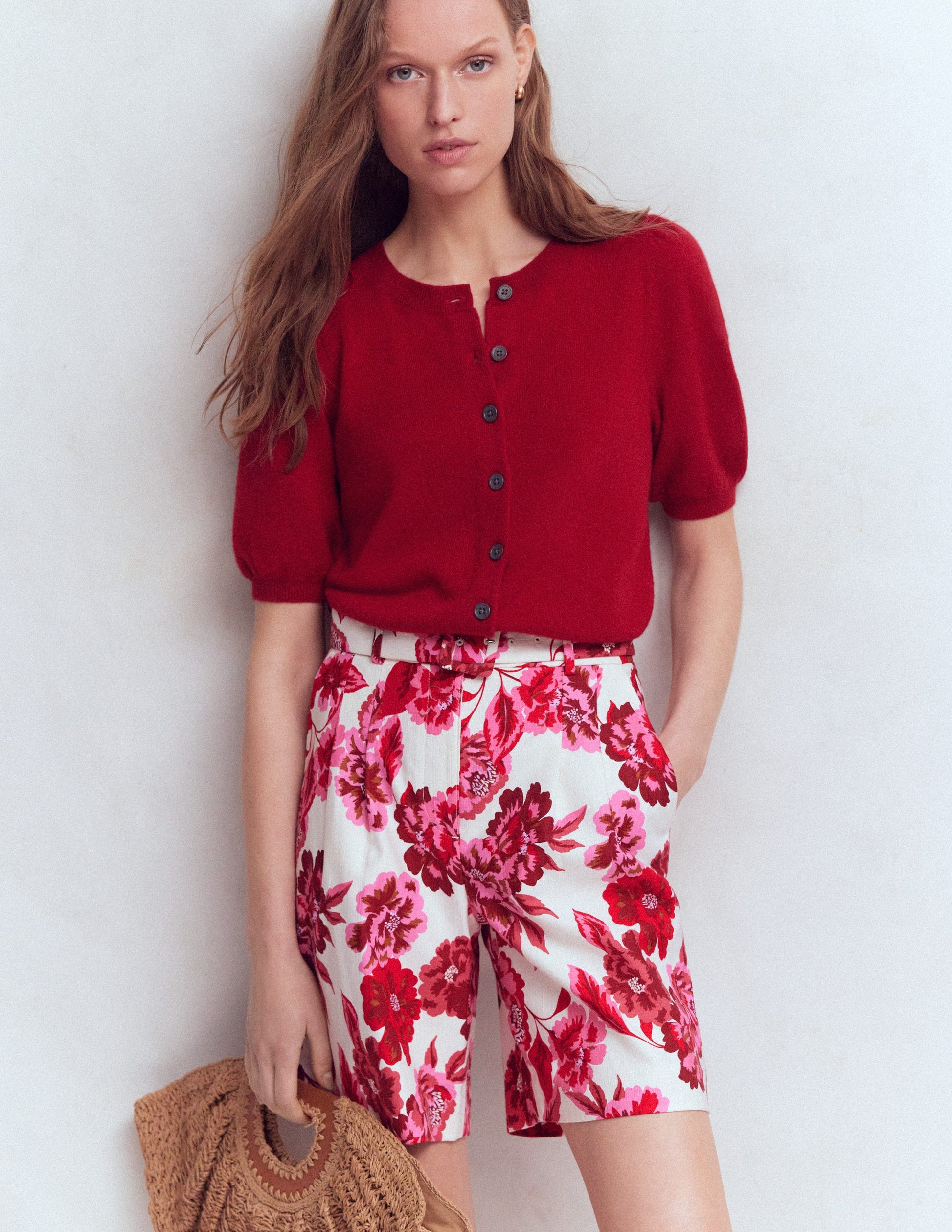 Chelsea Belted Tailored Shorts-Sangria Sunset, Floral Print-6