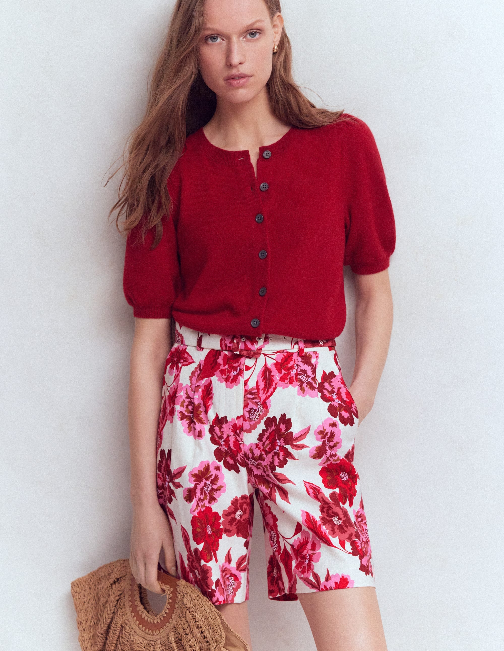 Chelsea Belted Tailored Shorts-Sangria Sunset, Floral Print - Image 6