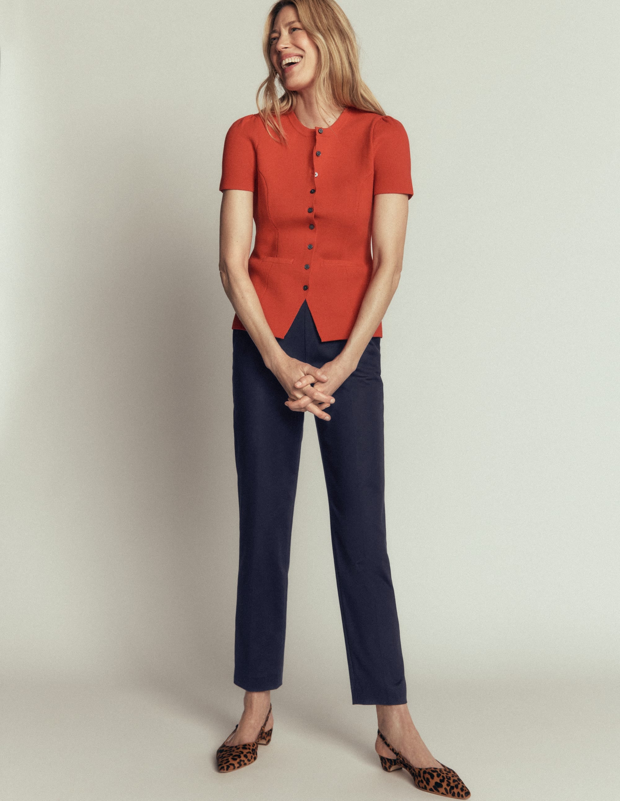 Slim Leg Cotton Pants-Navy - Image 1