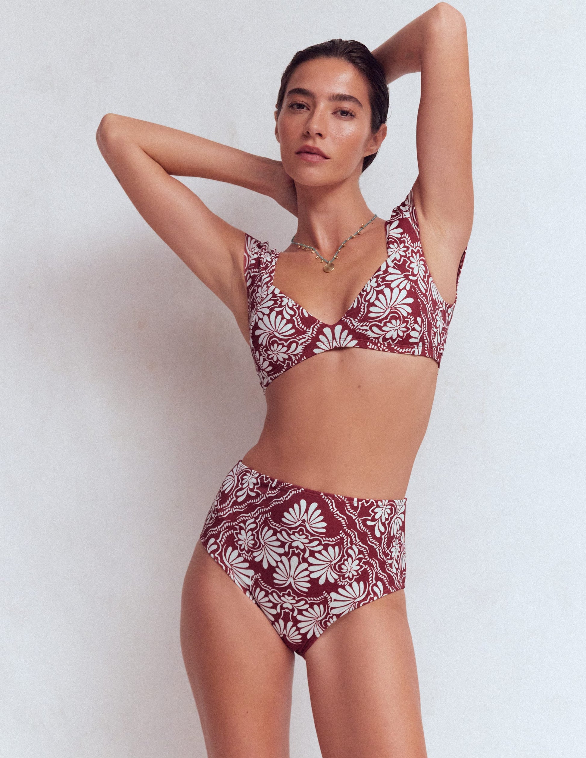 High Waisted Bikini Bottoms-Maroon, Botanical Charm-1