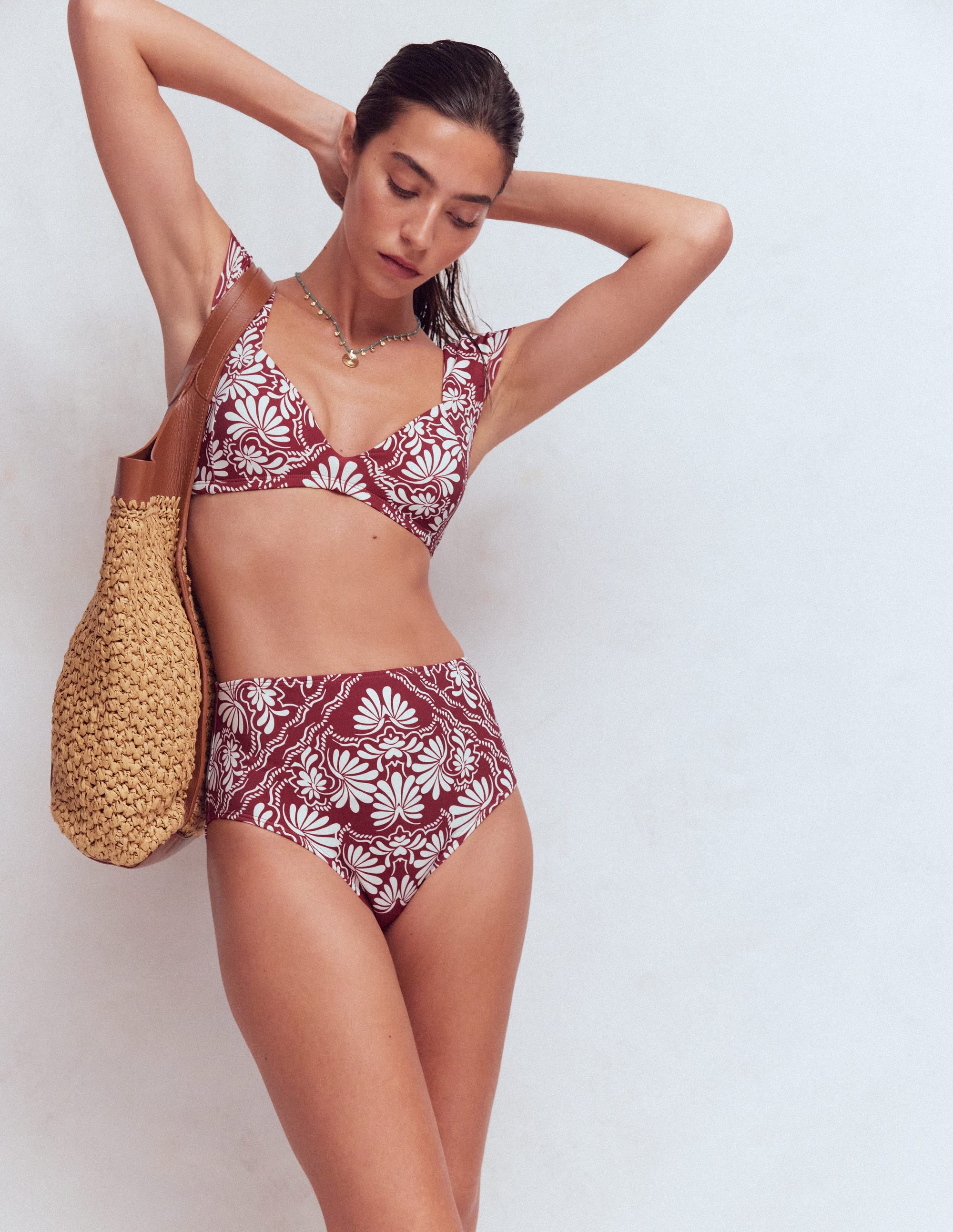 High Waisted Bikini Bottoms-Maroon, Botanical Charm - Image 5