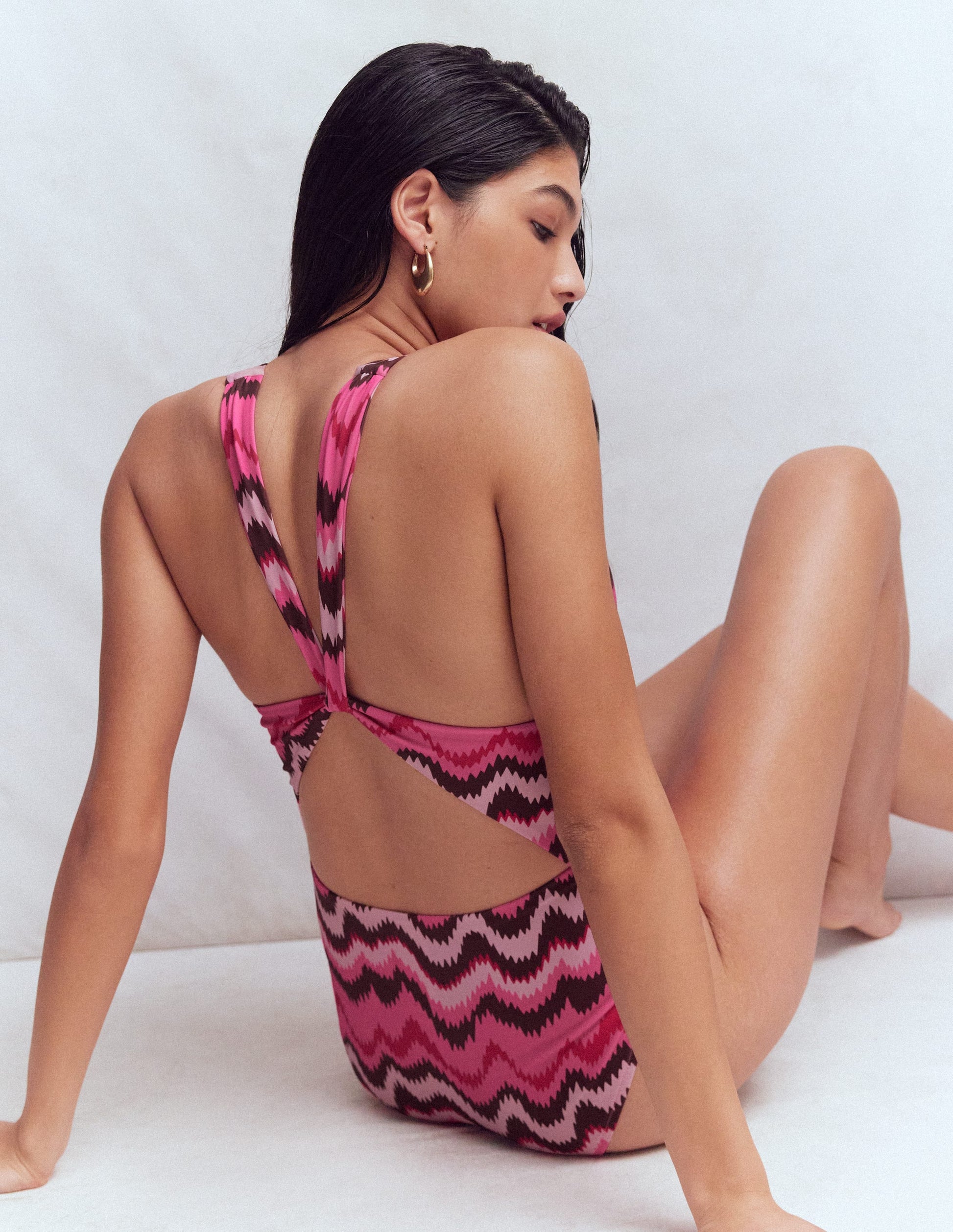 Mykonos Deep V Swimsuit-Pink Punch, Zig Zag Wave-6