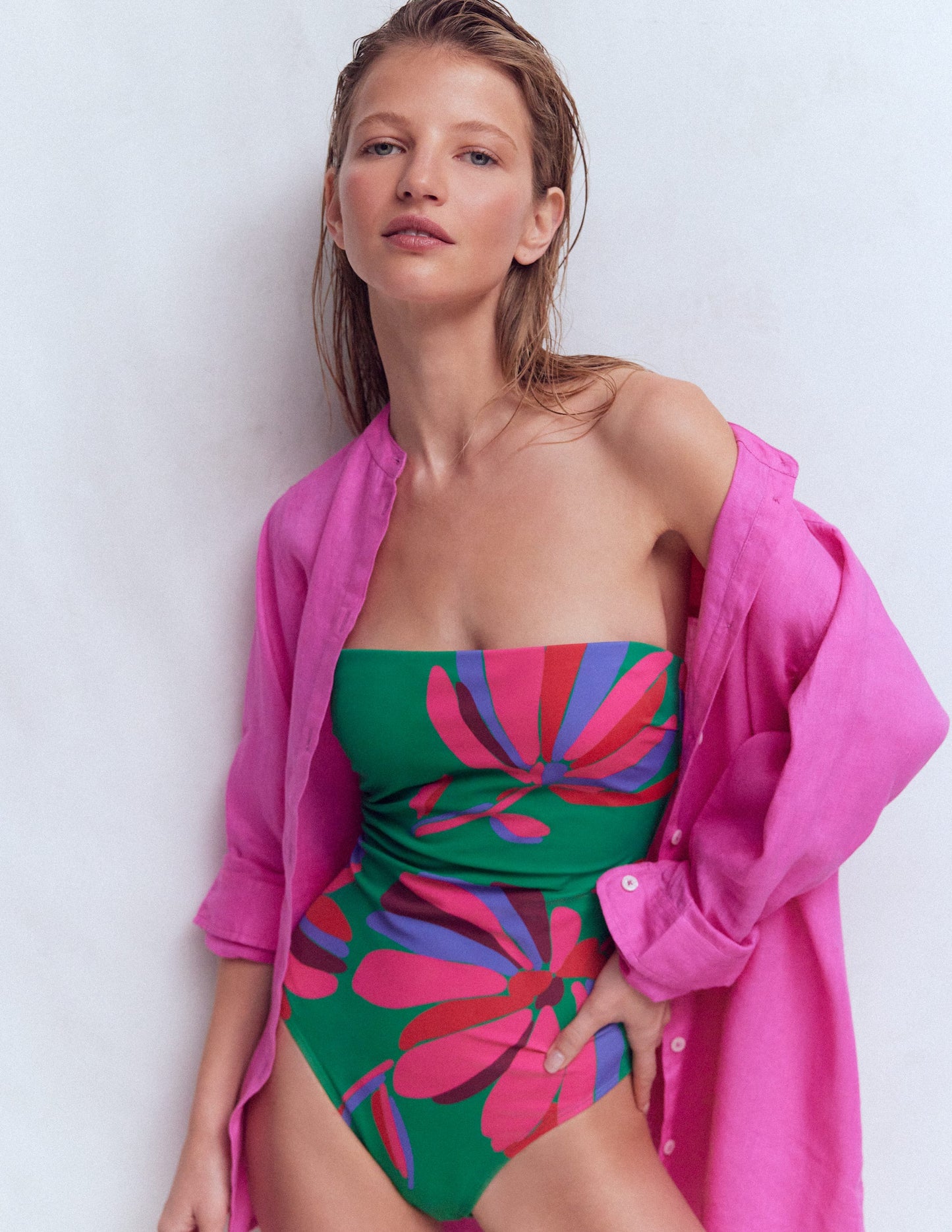 Paros Bandeau Swimsuit-Green Tambourine,Daisy Cascade