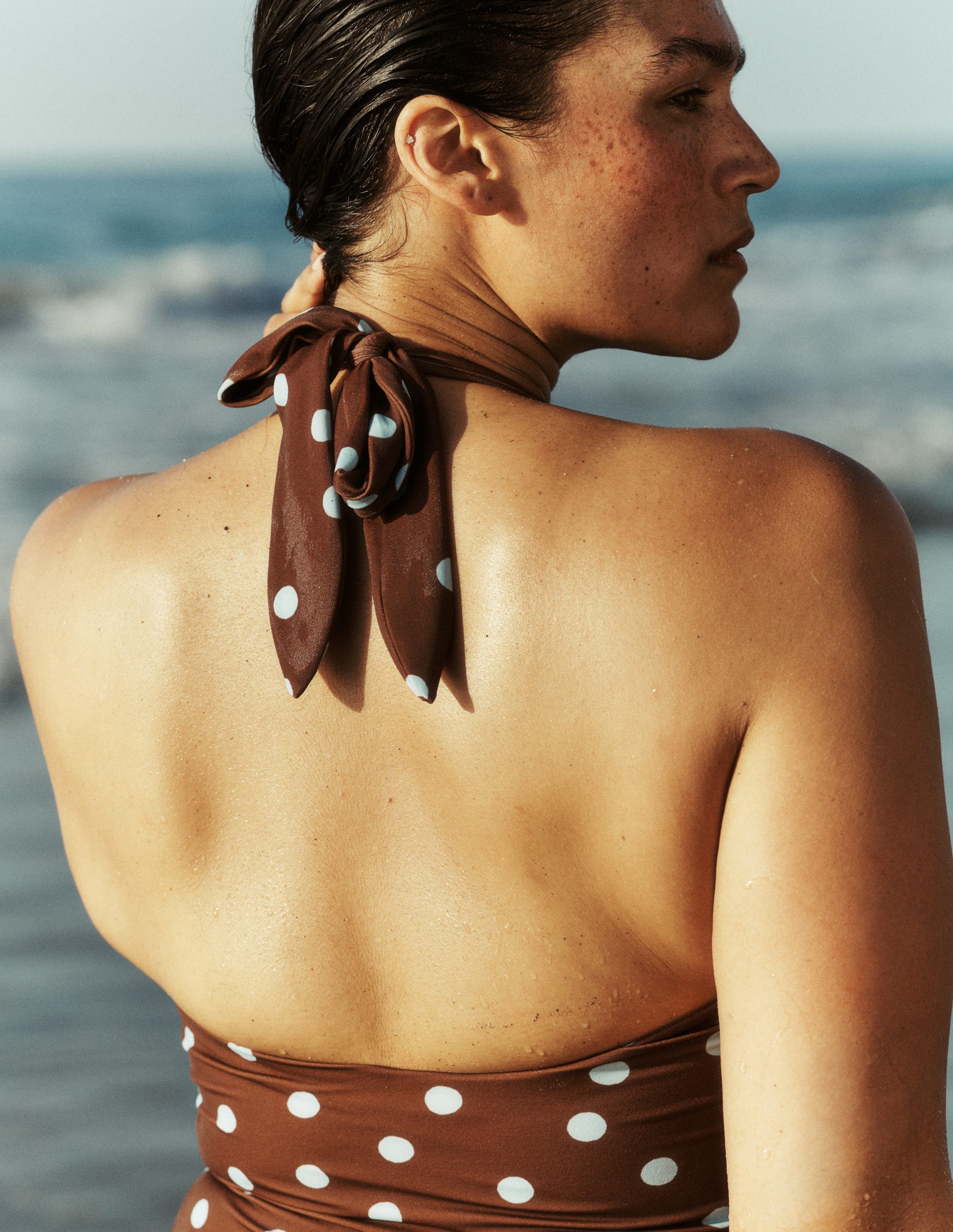 Kythira Ruched Swimsuit-Chocolate and Blue Painted Dot-6