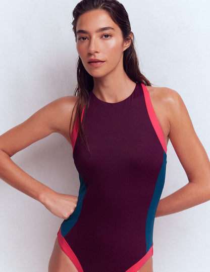 Sporty Rash Guard Swimsuit-Purple, Colourblock-1