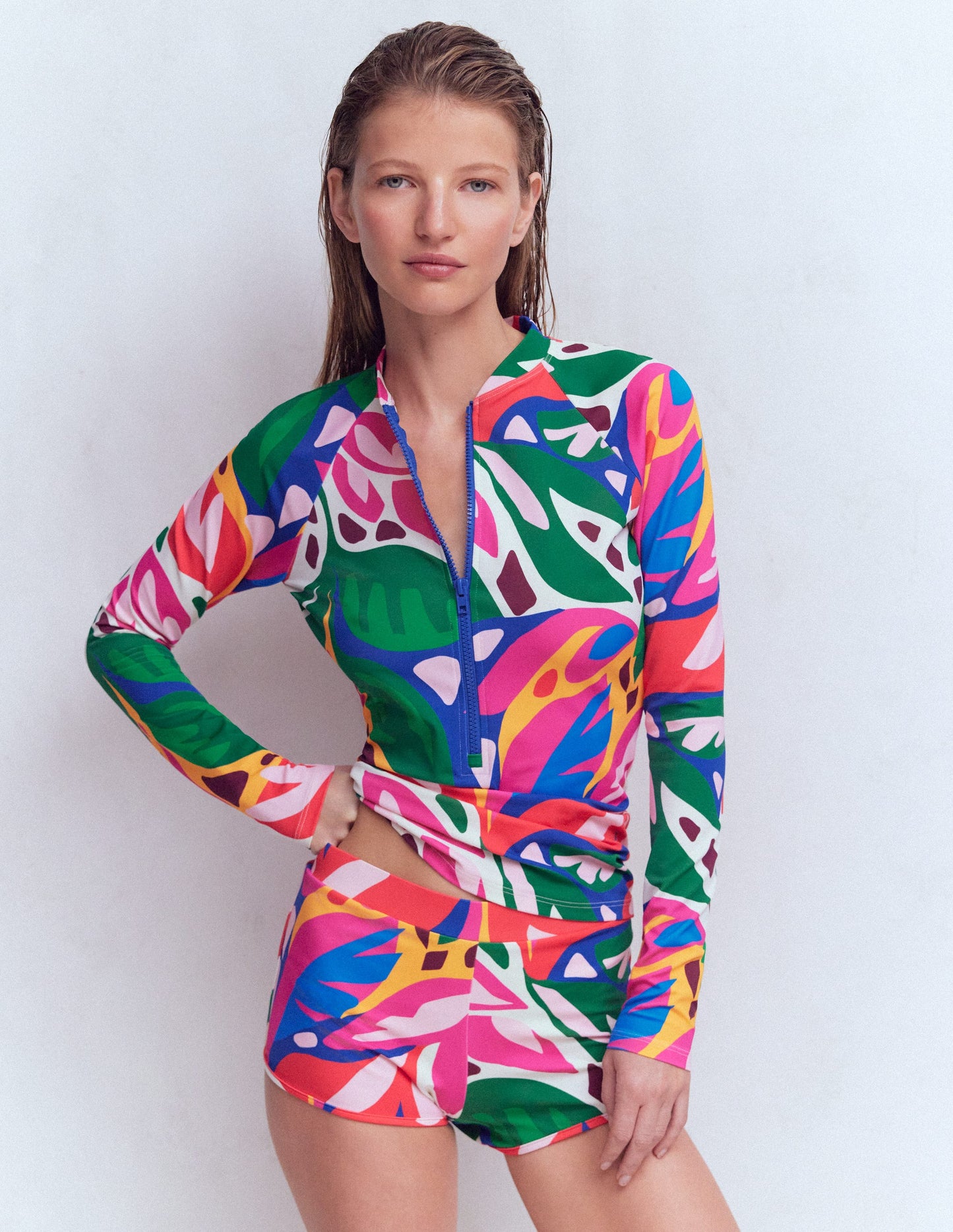 Rash Guard Swim Shorts-Multi, leafy cascade