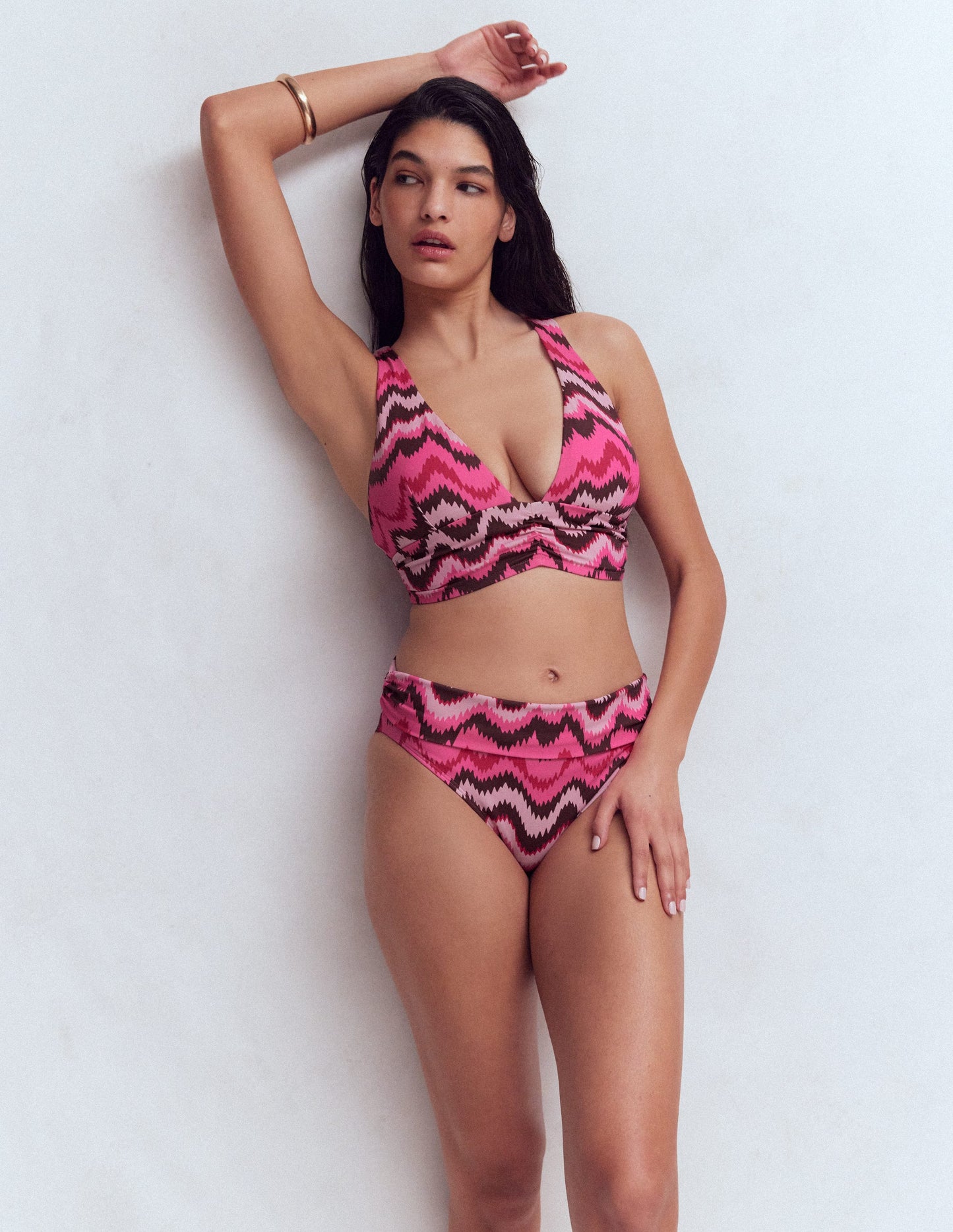 Mykonos Deep V Bikini Top-Pink, Zig zag wave
